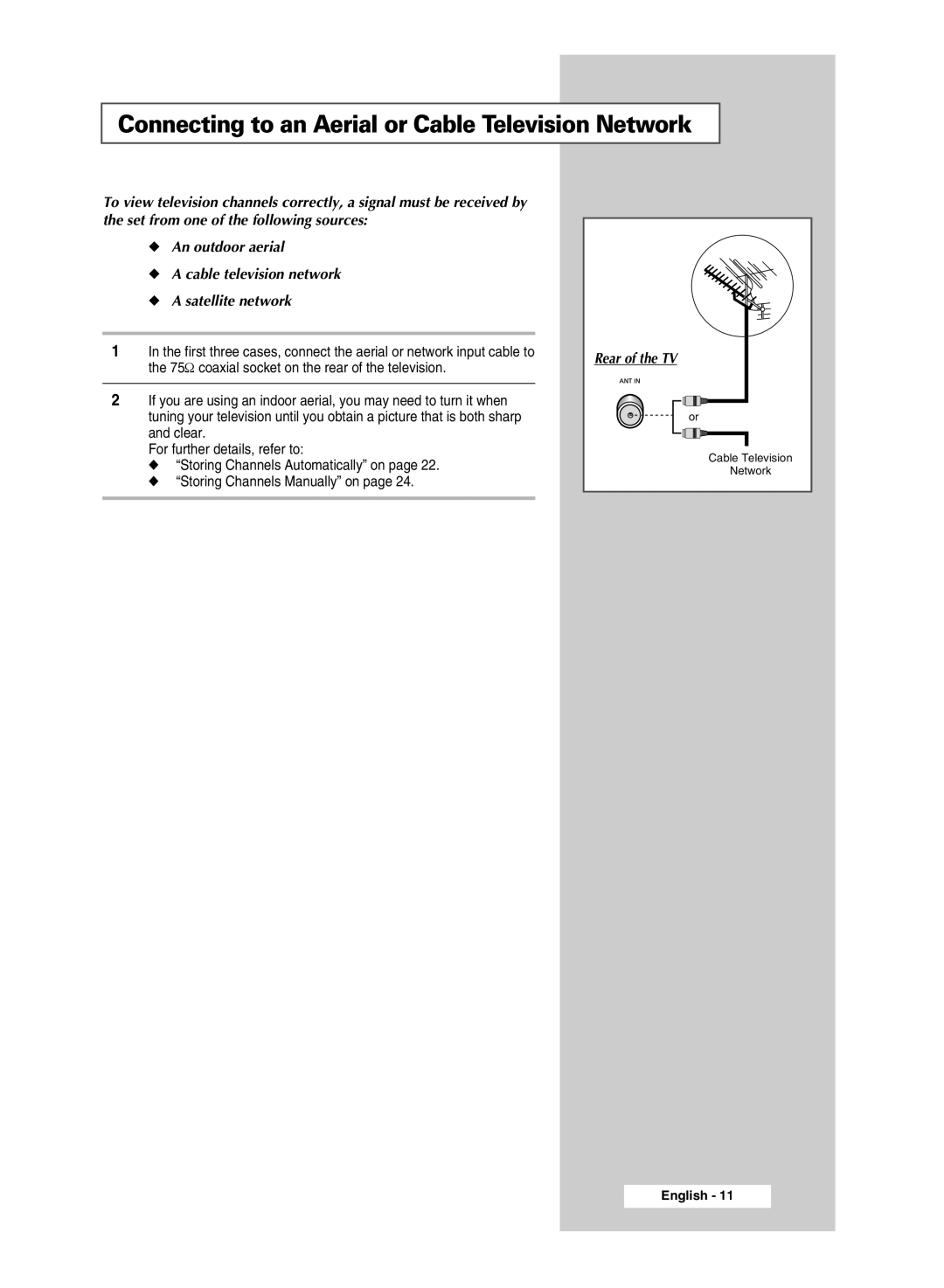 Samsung SP4202 manual Connecting to an Aerial or Cable Television Network 