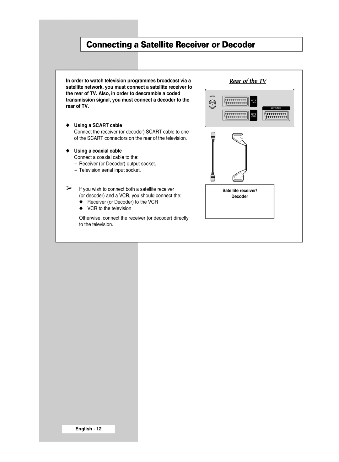 Samsung SP4202 manual Connecting a Satellite Receiver or Decoder 