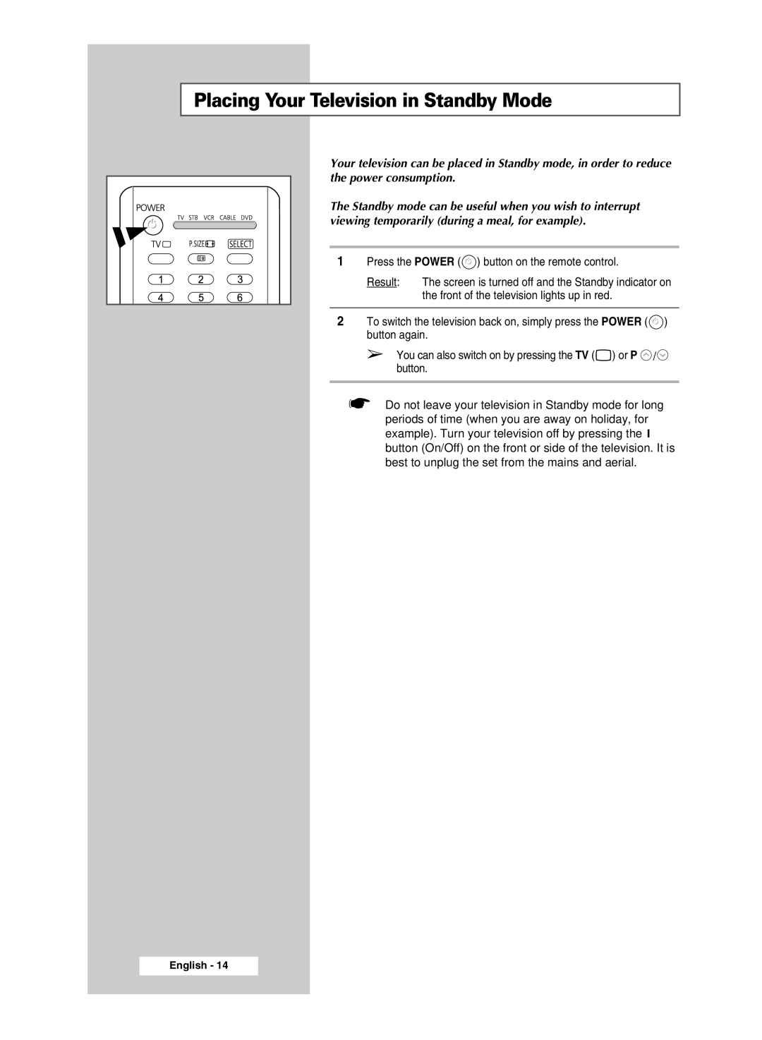 Samsung SP4202 manual Placing Your Television in Standby Mode 