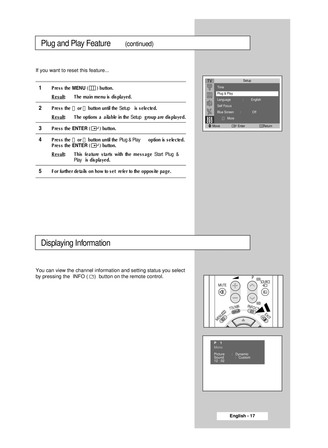 Samsung SP4202 manual Displaying Information, If you want to reset this feature 