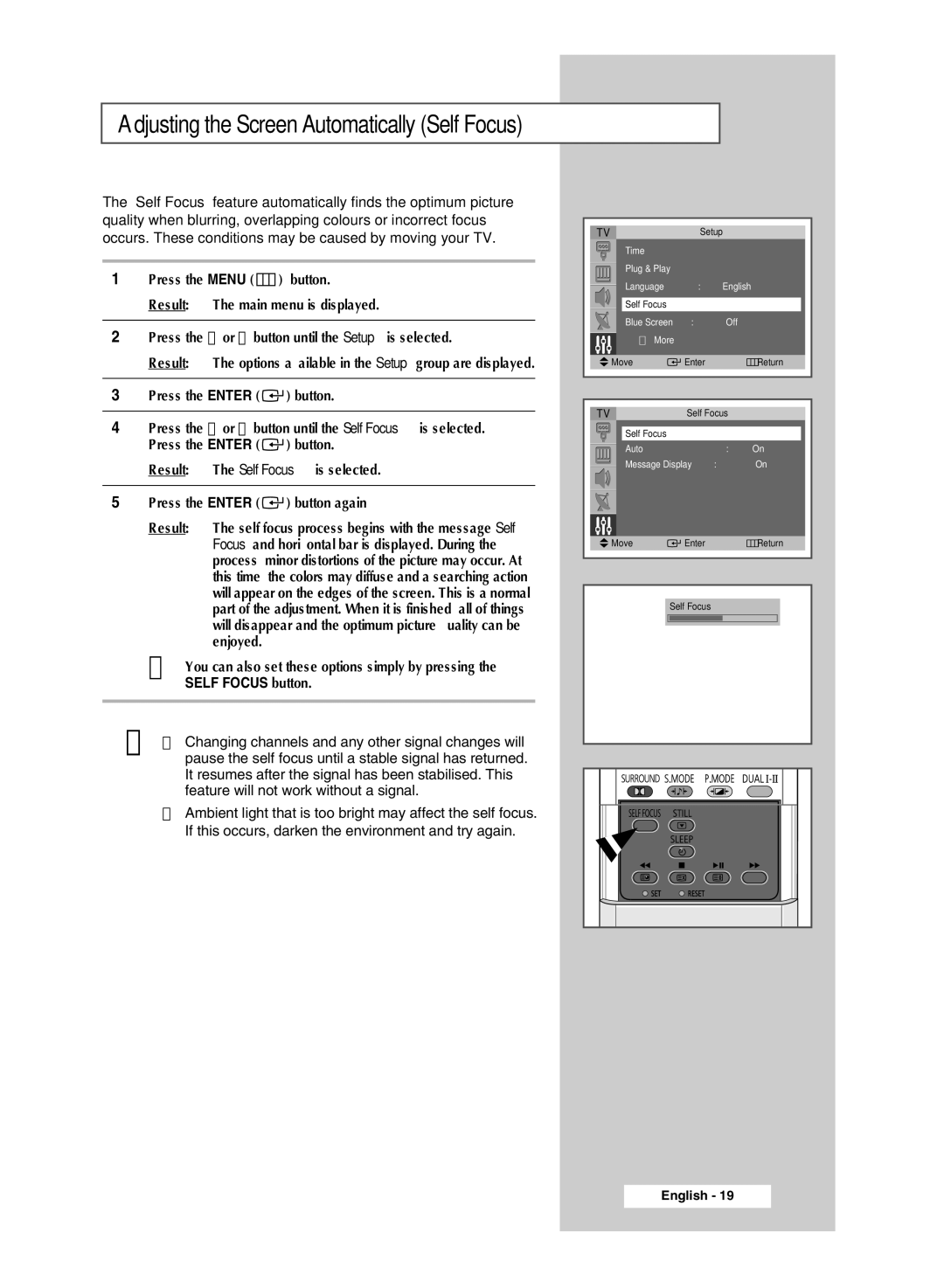 Samsung SP4202 manual Adjusting the Screen Automatically Self Focus 