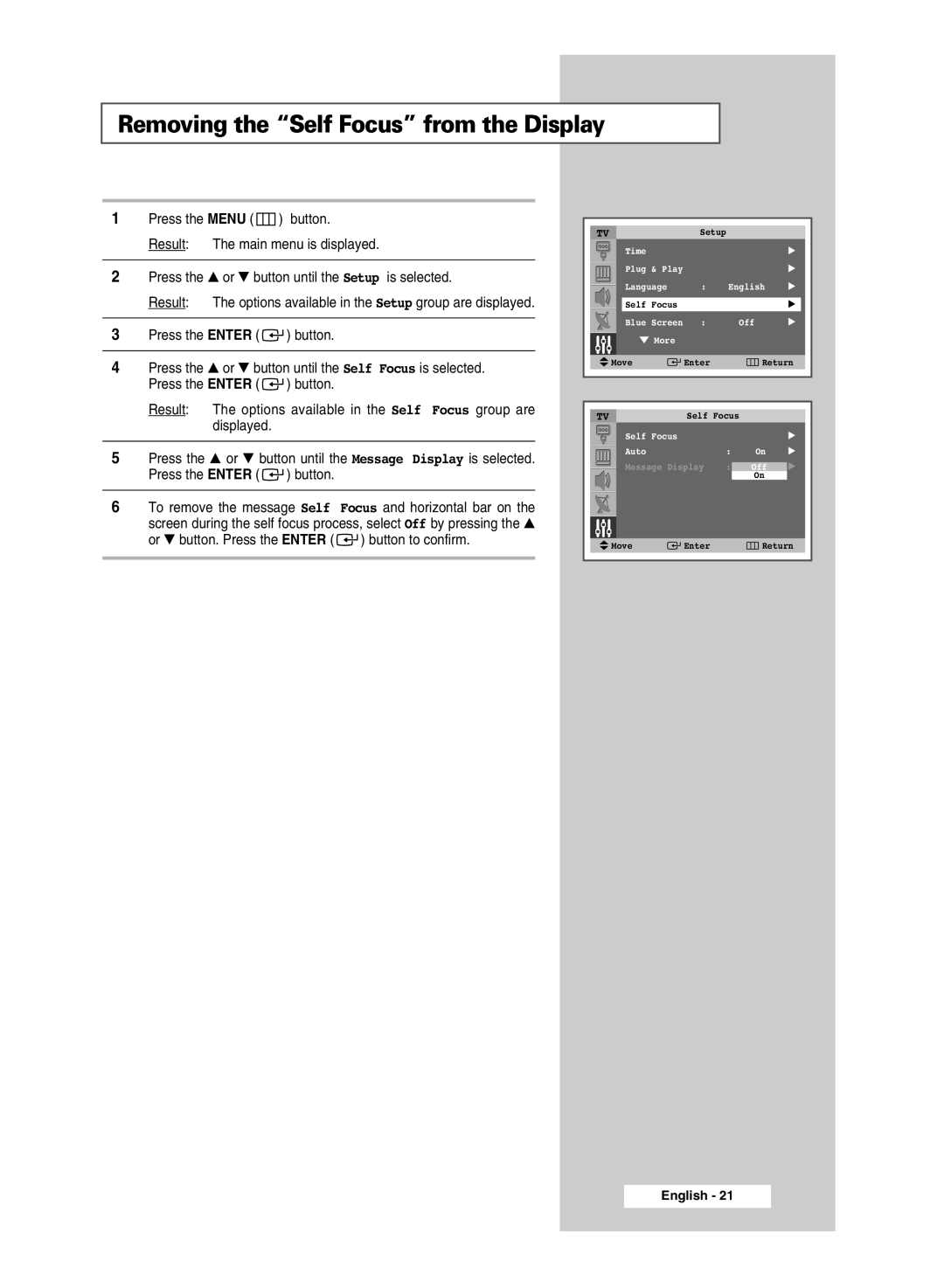 Samsung SP4202 manual Removing the Self Focus from the Display 