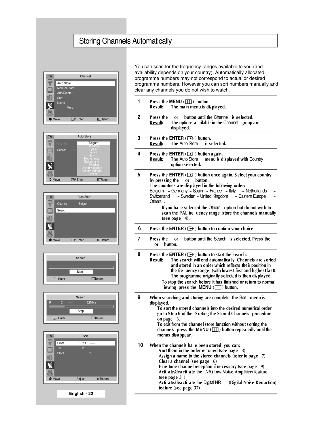 Samsung SP4202 manual Storing Channels Automatically, Press the Menu button Result The main menu is displayed 