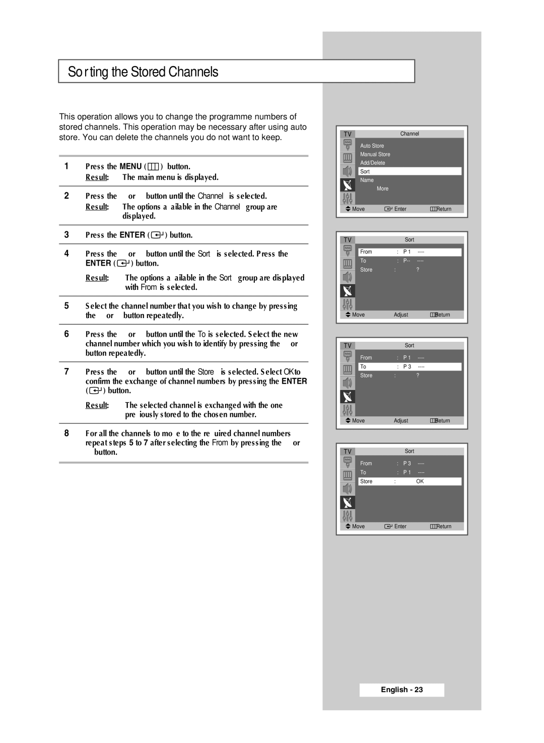 Samsung SP4202 manual Sorting the Stored Channels 