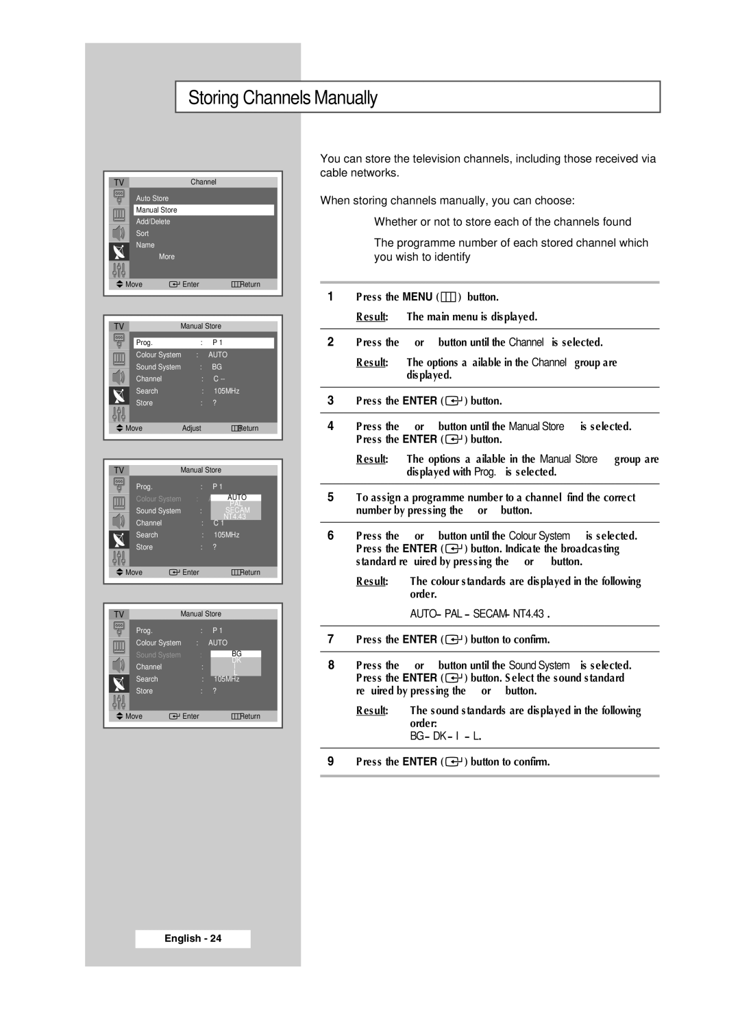 Samsung SP4202 manual Storing Channels Manually, Auto 