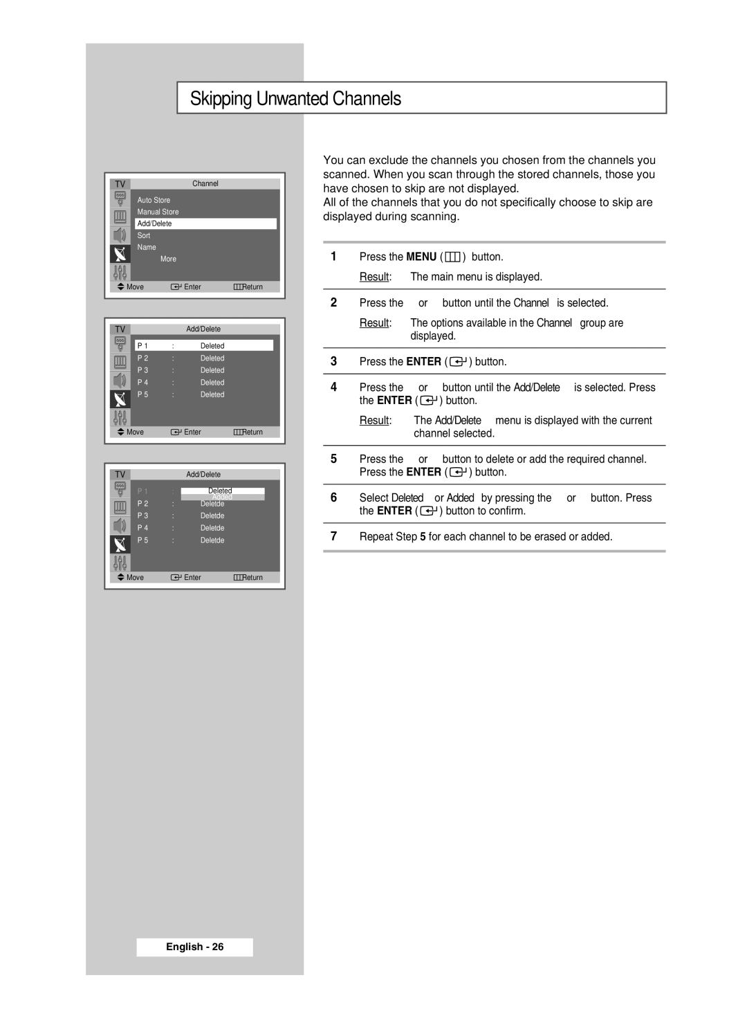 Samsung SP4202 manual Skipping Unwanted Channels 