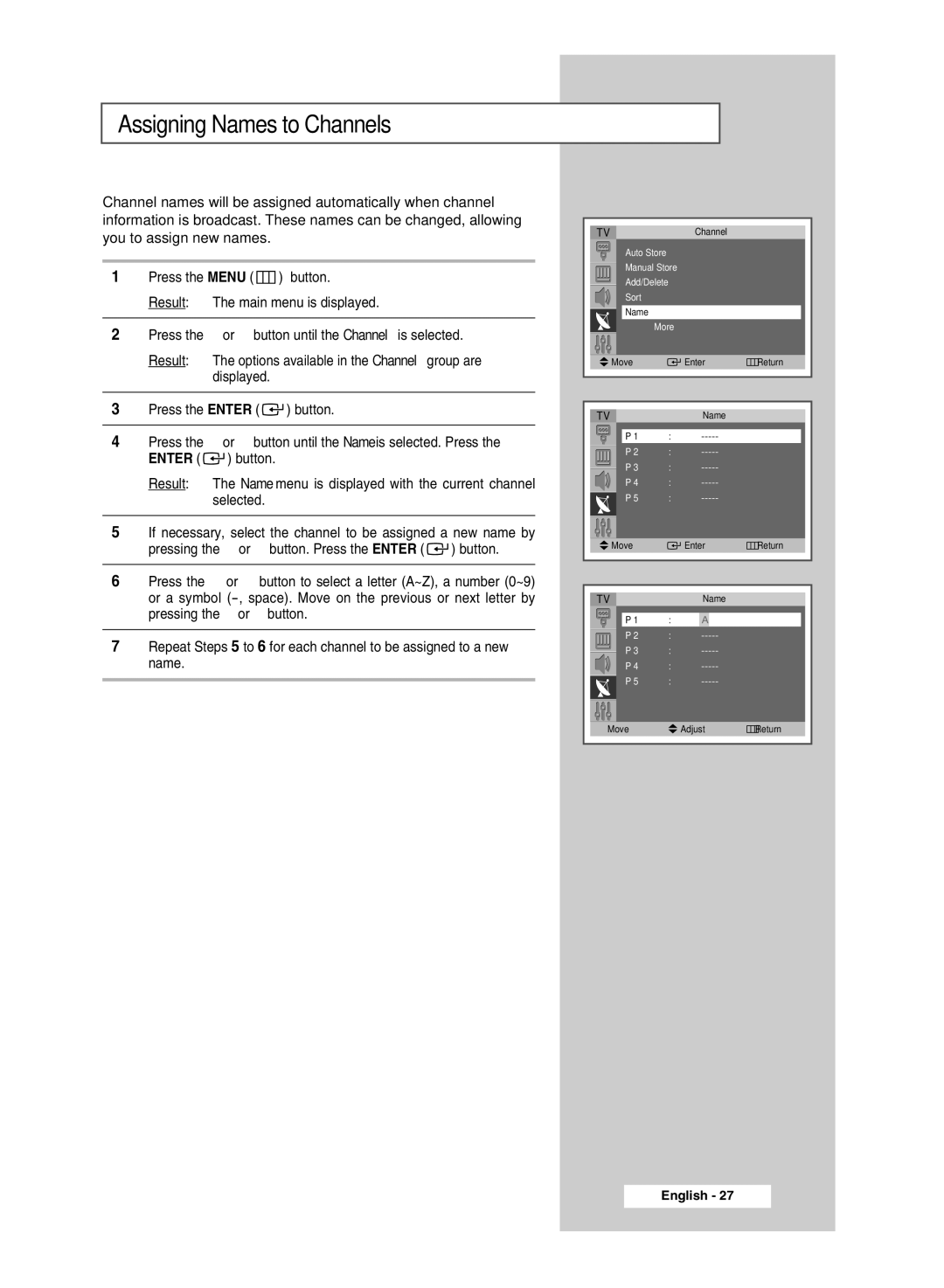 Samsung SP4202 manual Assigning Names to Channels 