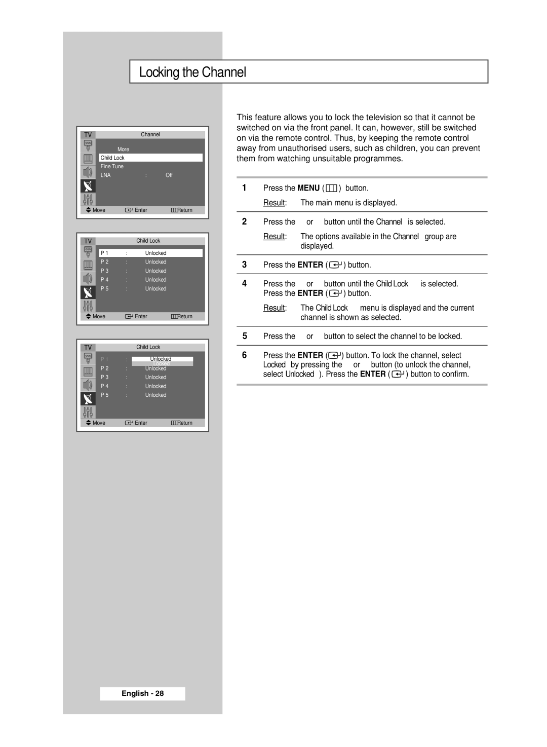 Samsung SP4202 manual Locking the Channel, Lna 