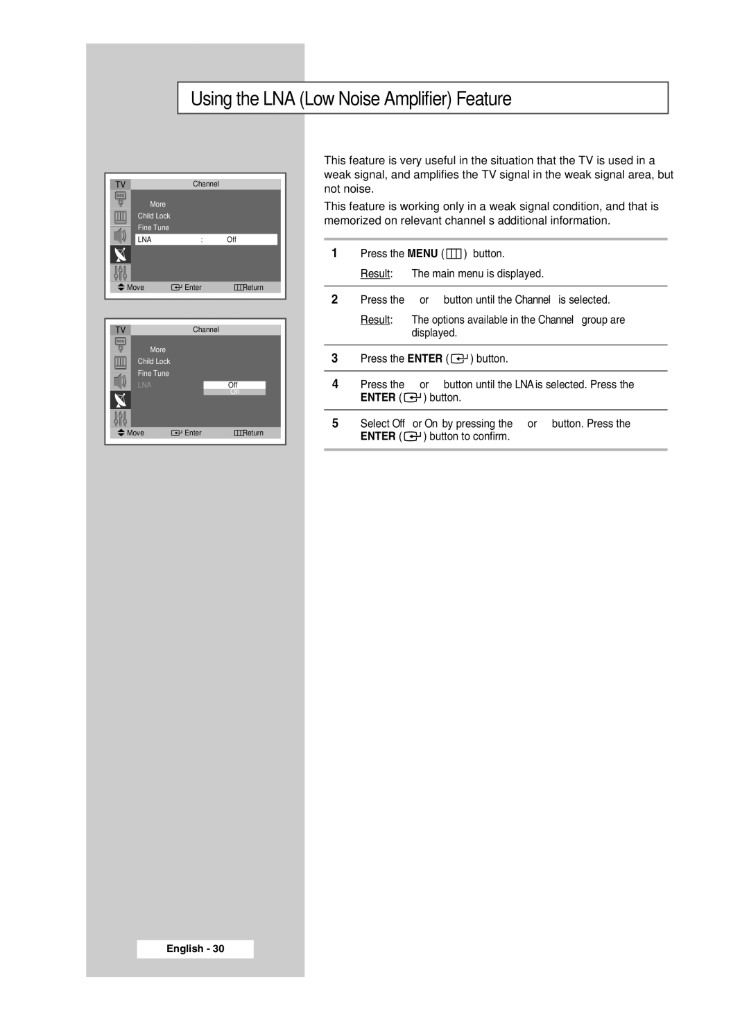 Samsung SP4202 manual Using the LNA Low Noise Amplifier Feature 