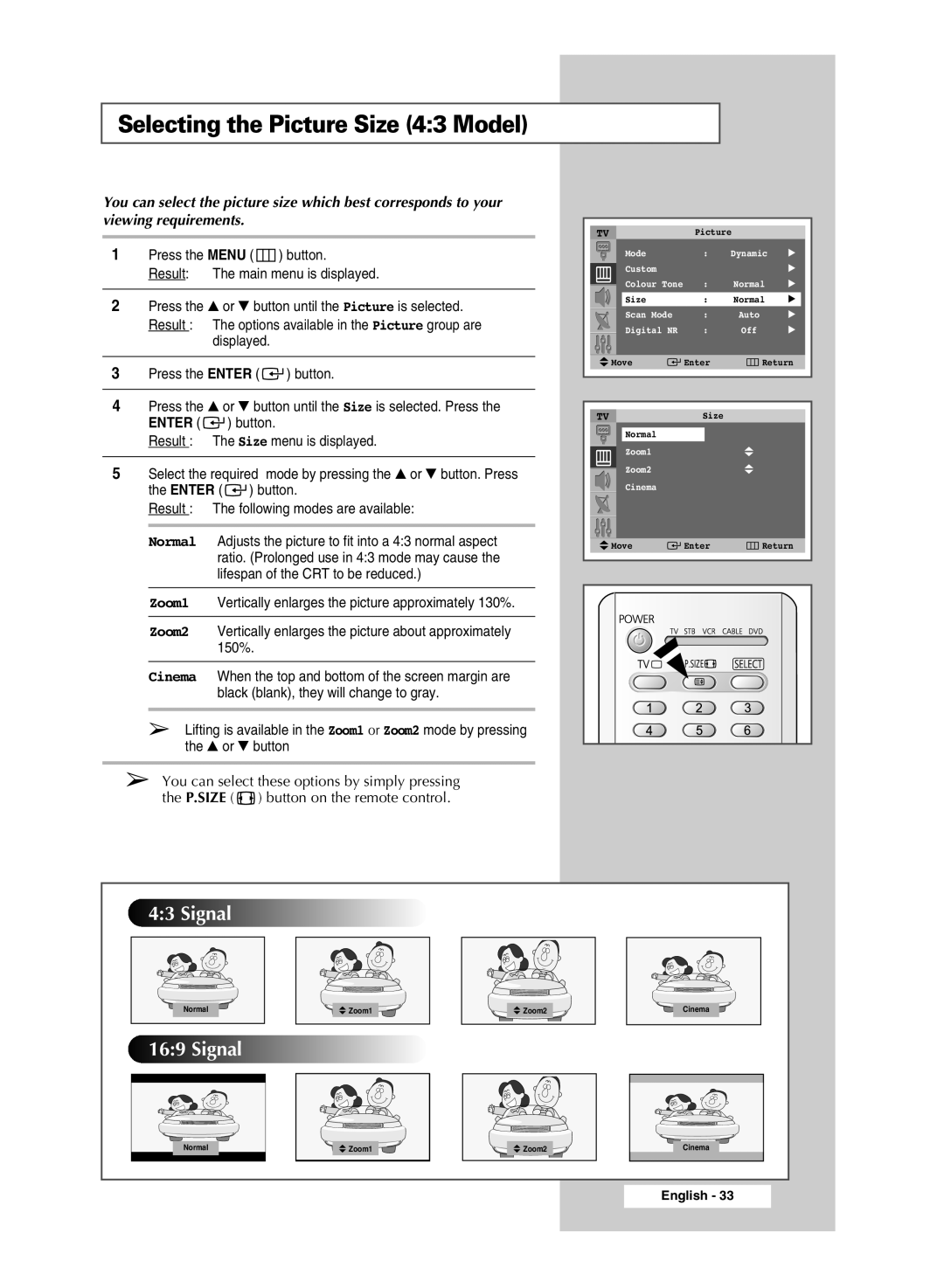 Samsung SP4202 manual Selecting the Picture Size 43 Model, Enter 