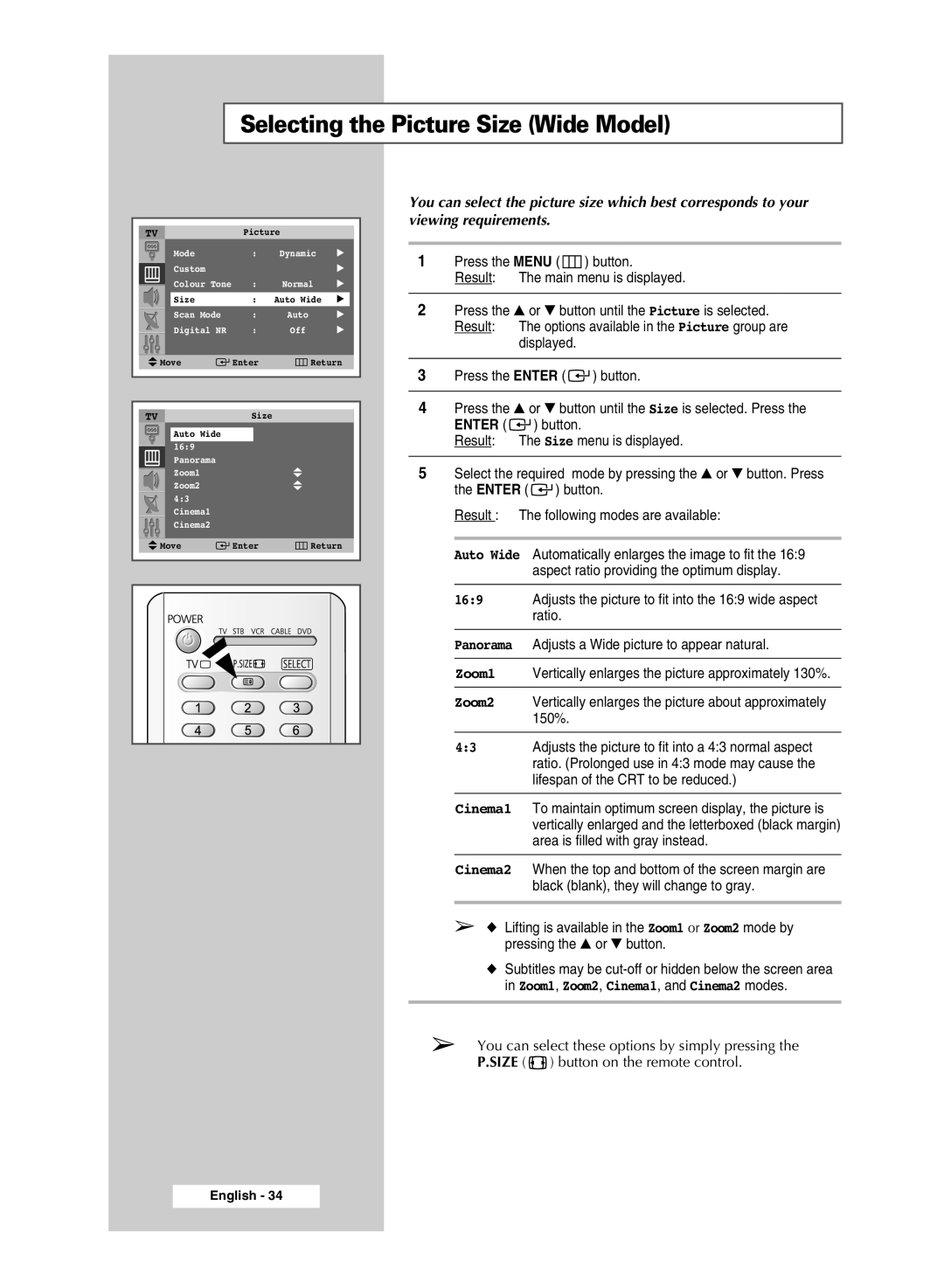 Samsung SP4202 manual Selecting the Picture Size Wide Model, Cinema1 