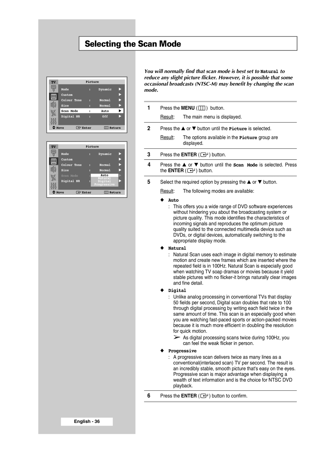 Samsung SP4202 manual Selecting the Scan Mode, Auto 