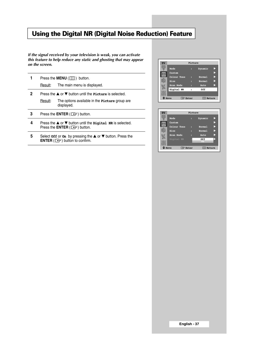 Samsung SP4202 manual Using the Digital NR Digital Noise Reduction Feature 