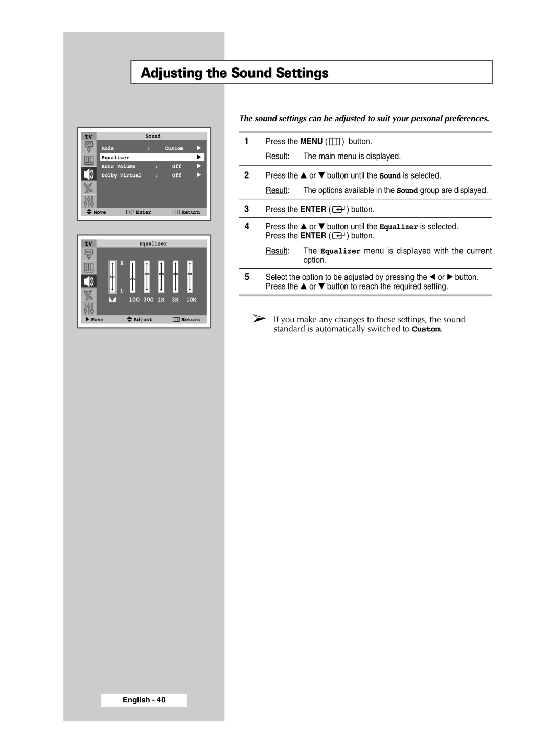 Samsung SP4202 manual Adjusting the Sound Settings 