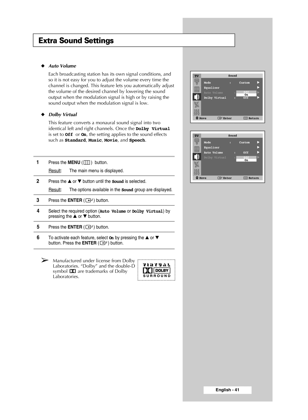 Samsung SP4202 manual Extra Sound Settings, Auto Volume 