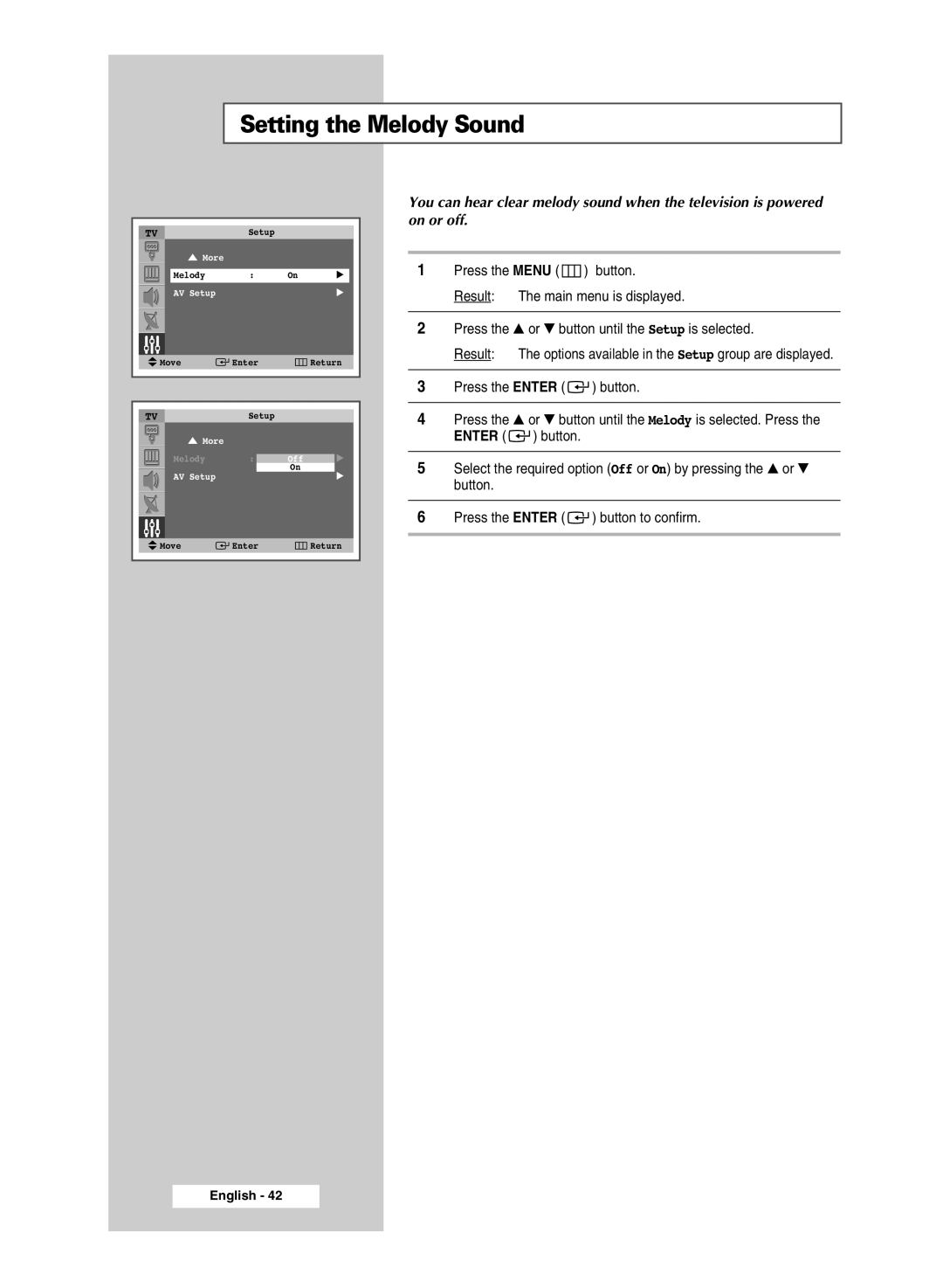 Samsung SP4202 manual Setting the Melody Sound 