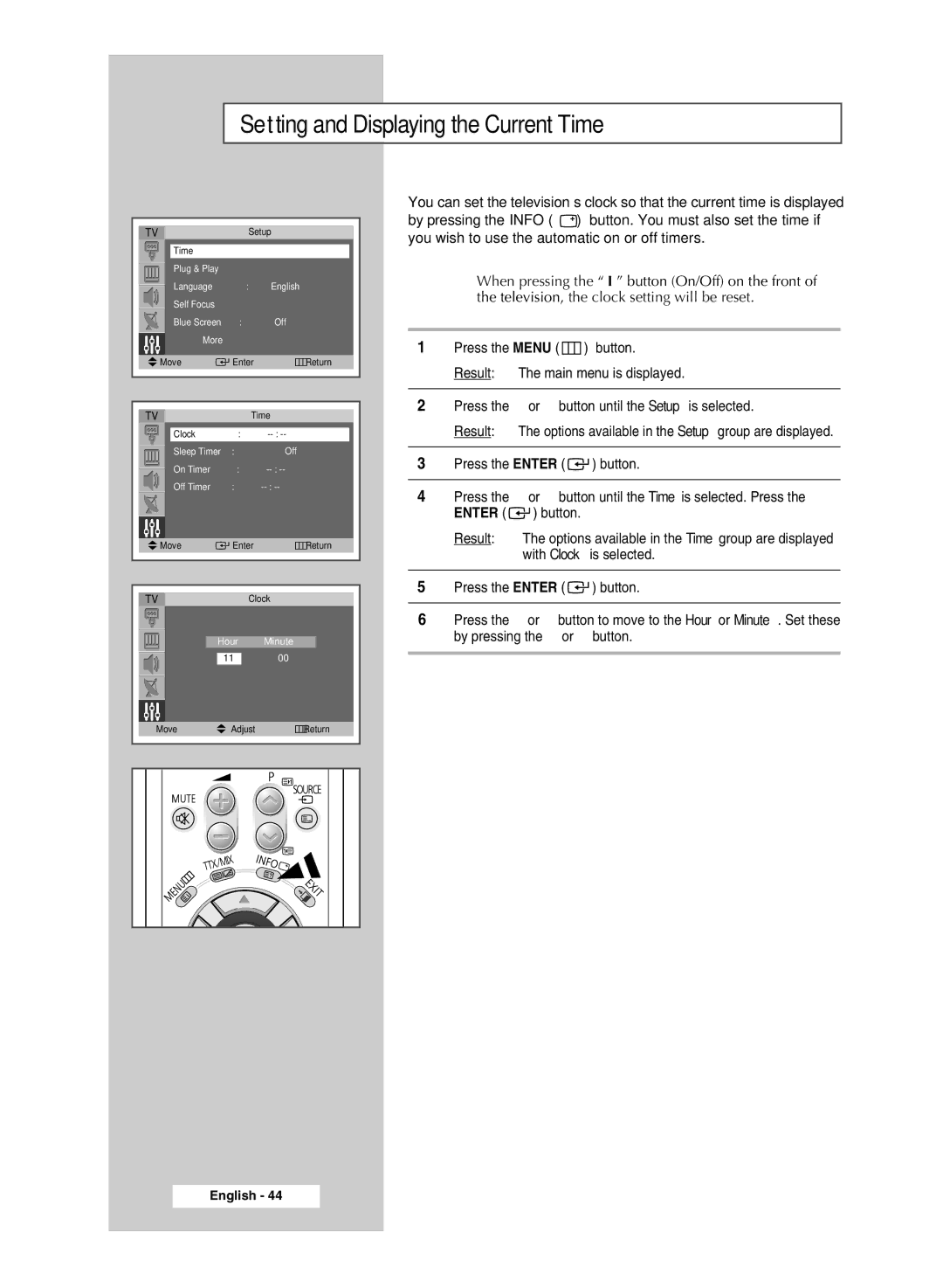 Samsung SP4202 manual Setting and Displaying the Current Time 