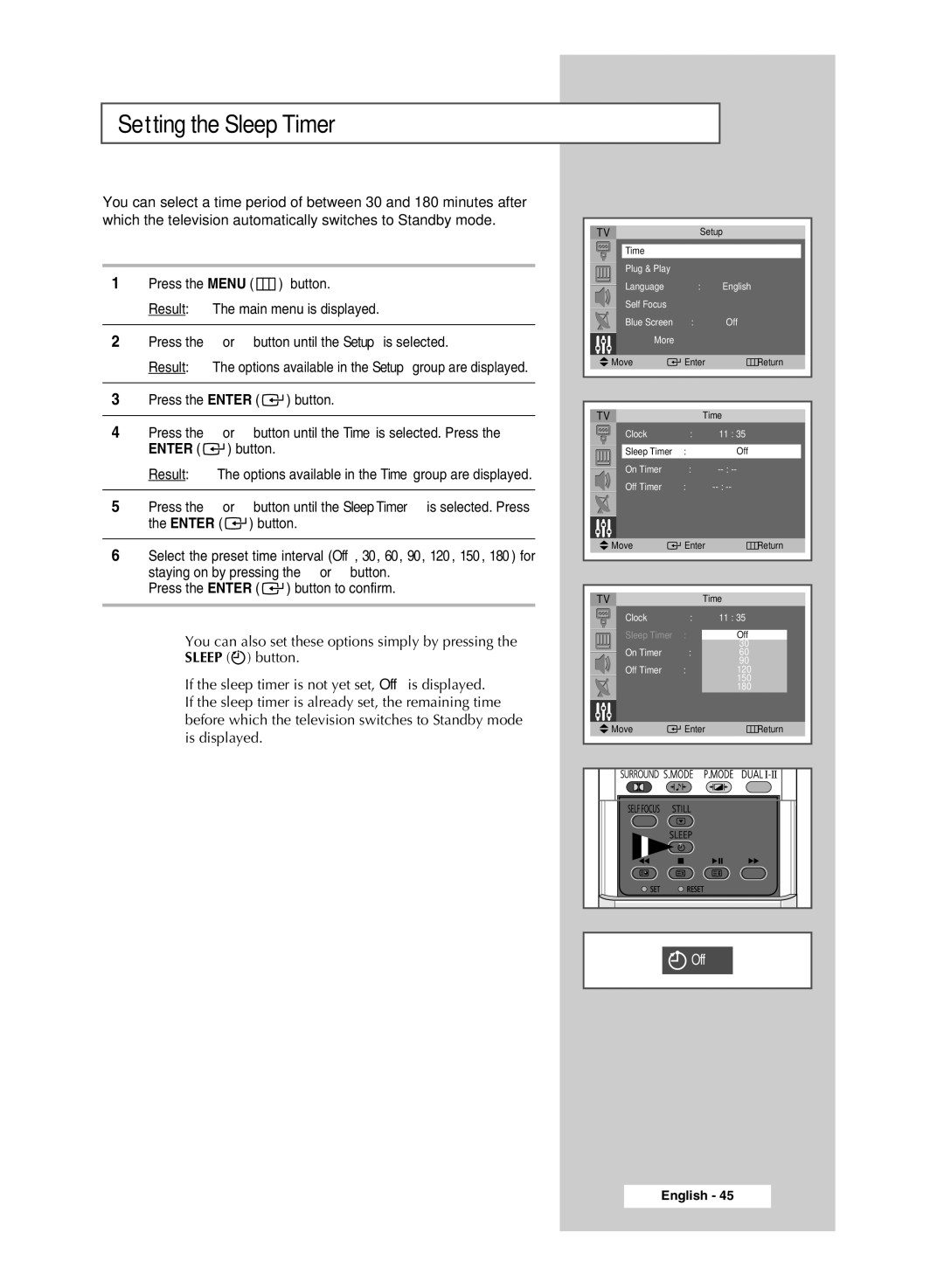 Samsung SP4202 manual Setting the Sleep Timer 