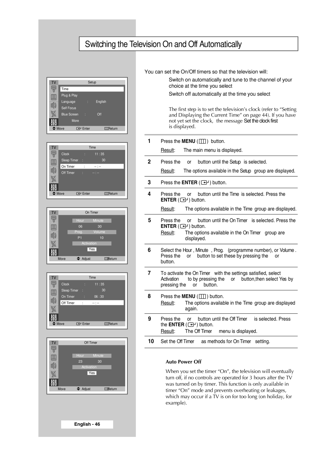 Samsung SP4202 manual Switching the Television On and Off Automatically, Auto Power Off 