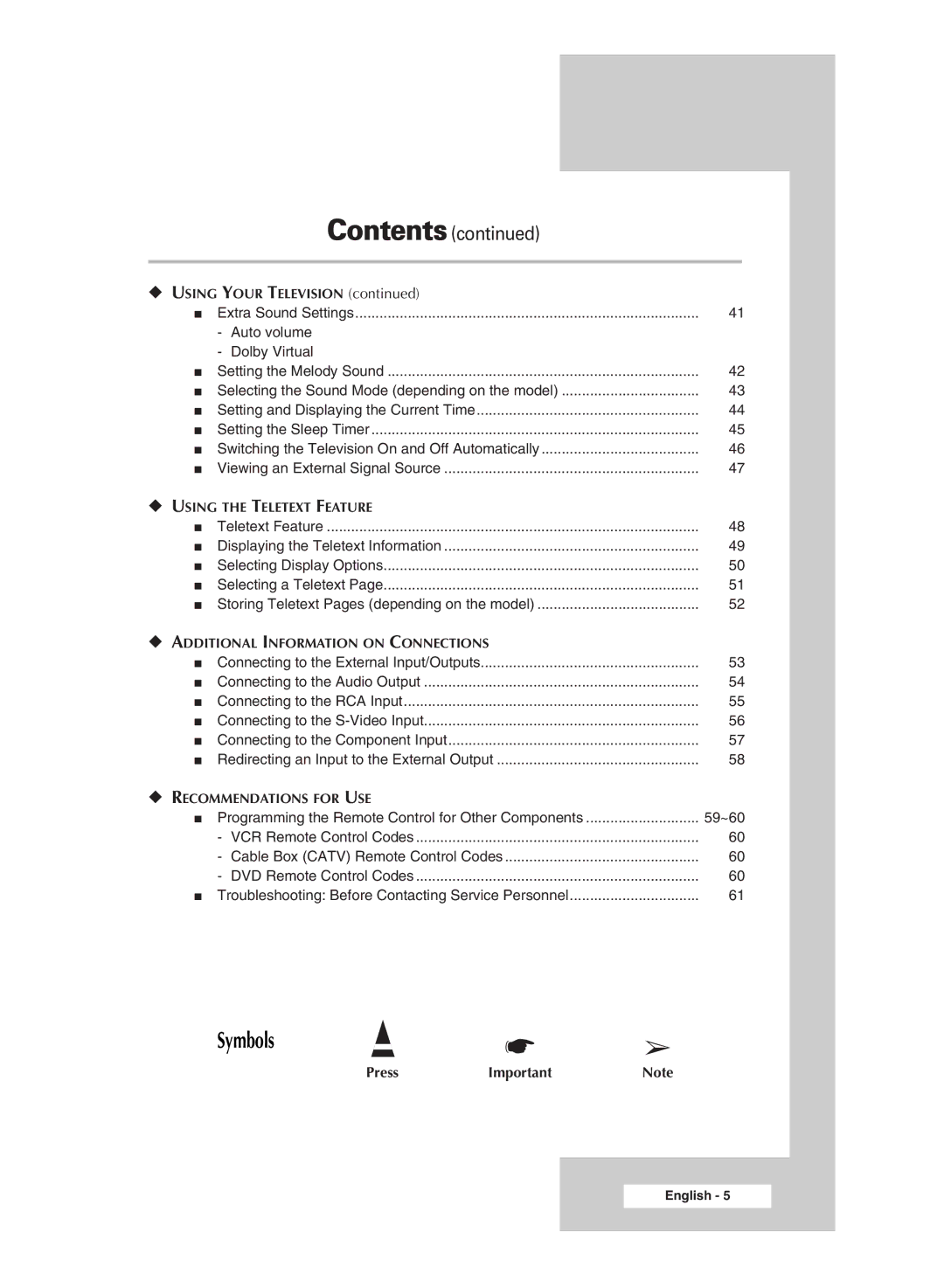 Samsung SP4202 manual Symbols 