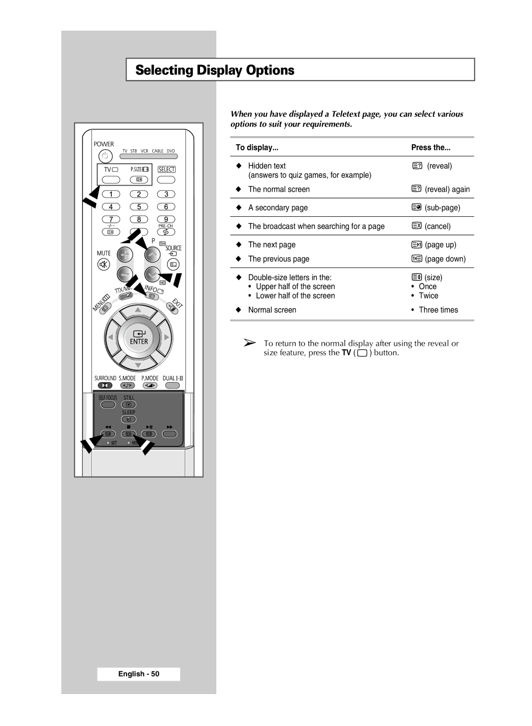 Samsung SP4202 manual Selecting Display Options, To display Press 