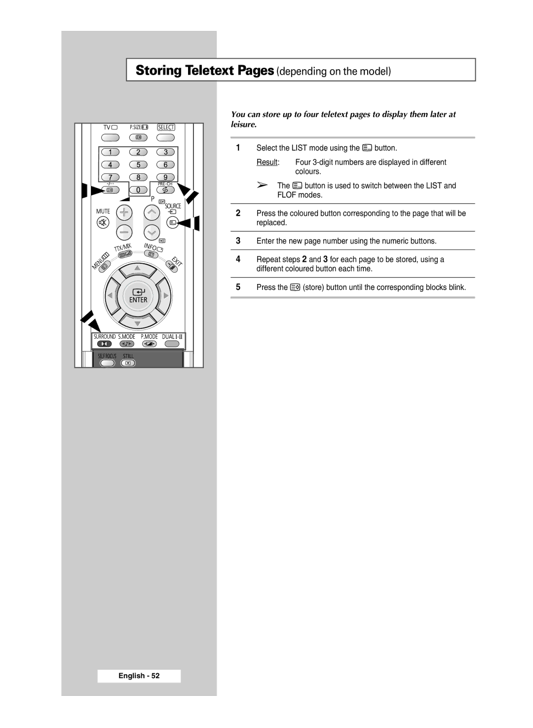 Samsung SP4202 manual Storing Teletext Pages depending on the model 