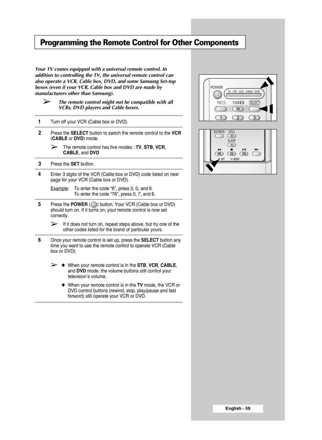 Samsung SP4202 manual Programming the Remote Control for Other Components 