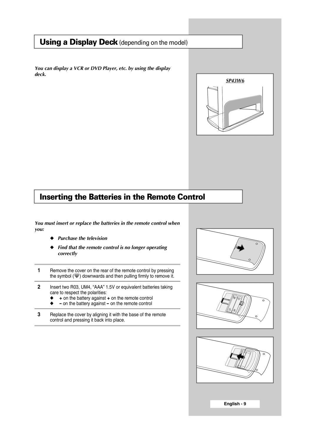 Samsung SP4202 manual Inserting the Batteries in the Remote Control 