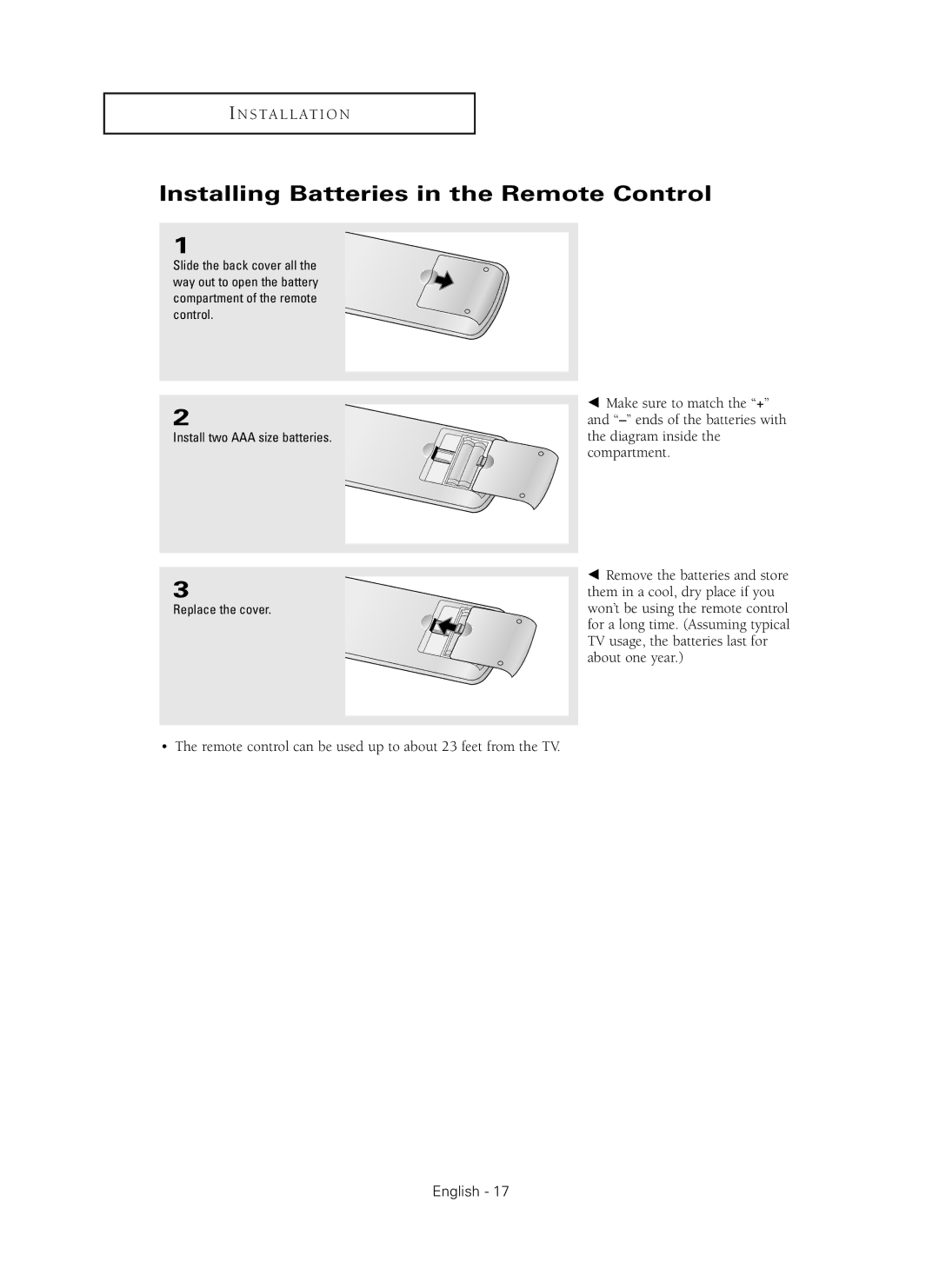 Samsung SP42Q2HL manual Installing Batteries in the Remote Control 