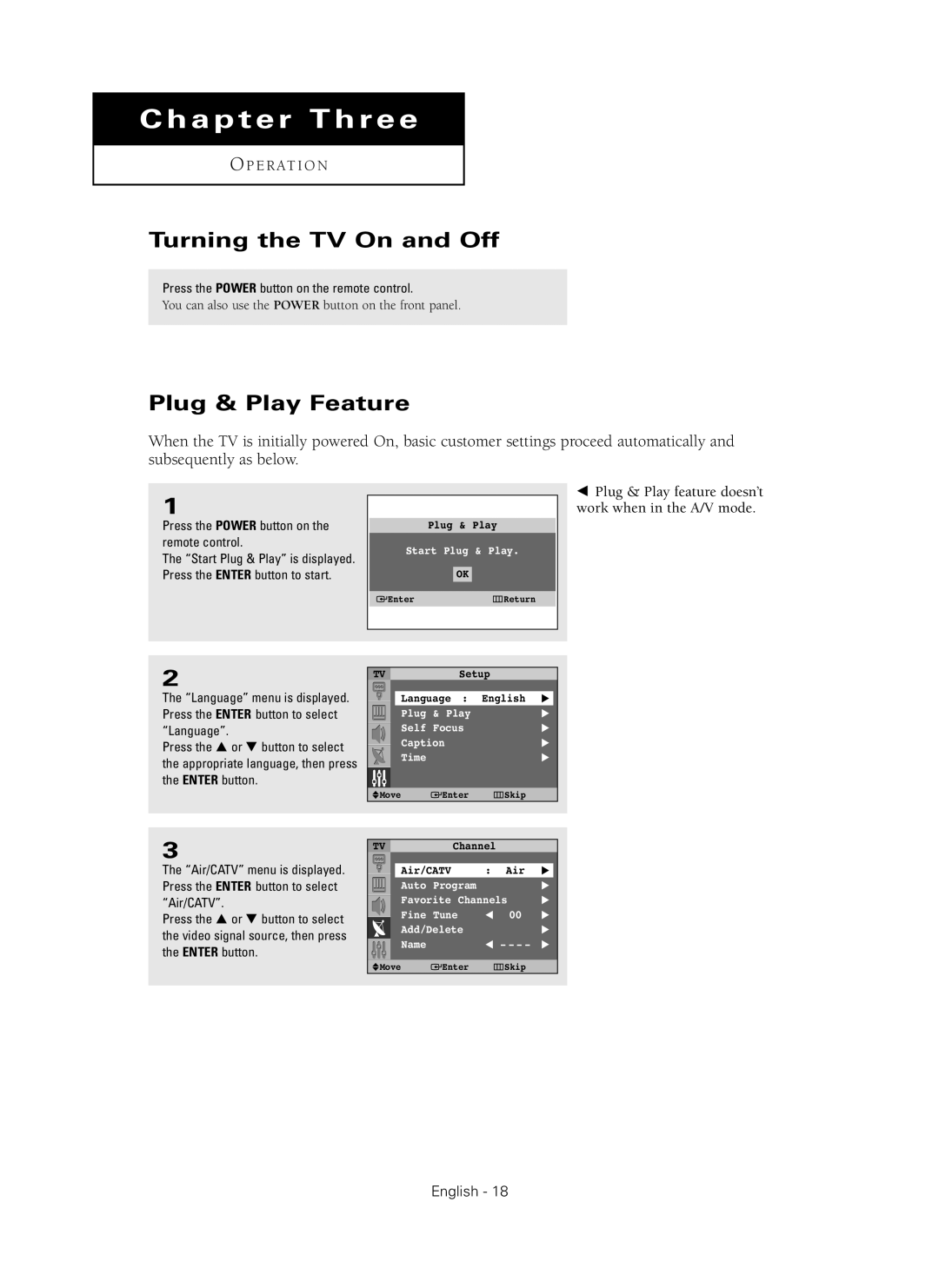 Samsung SP42Q2HL manual Turning the TV On and Off, Plug & Play Feature 