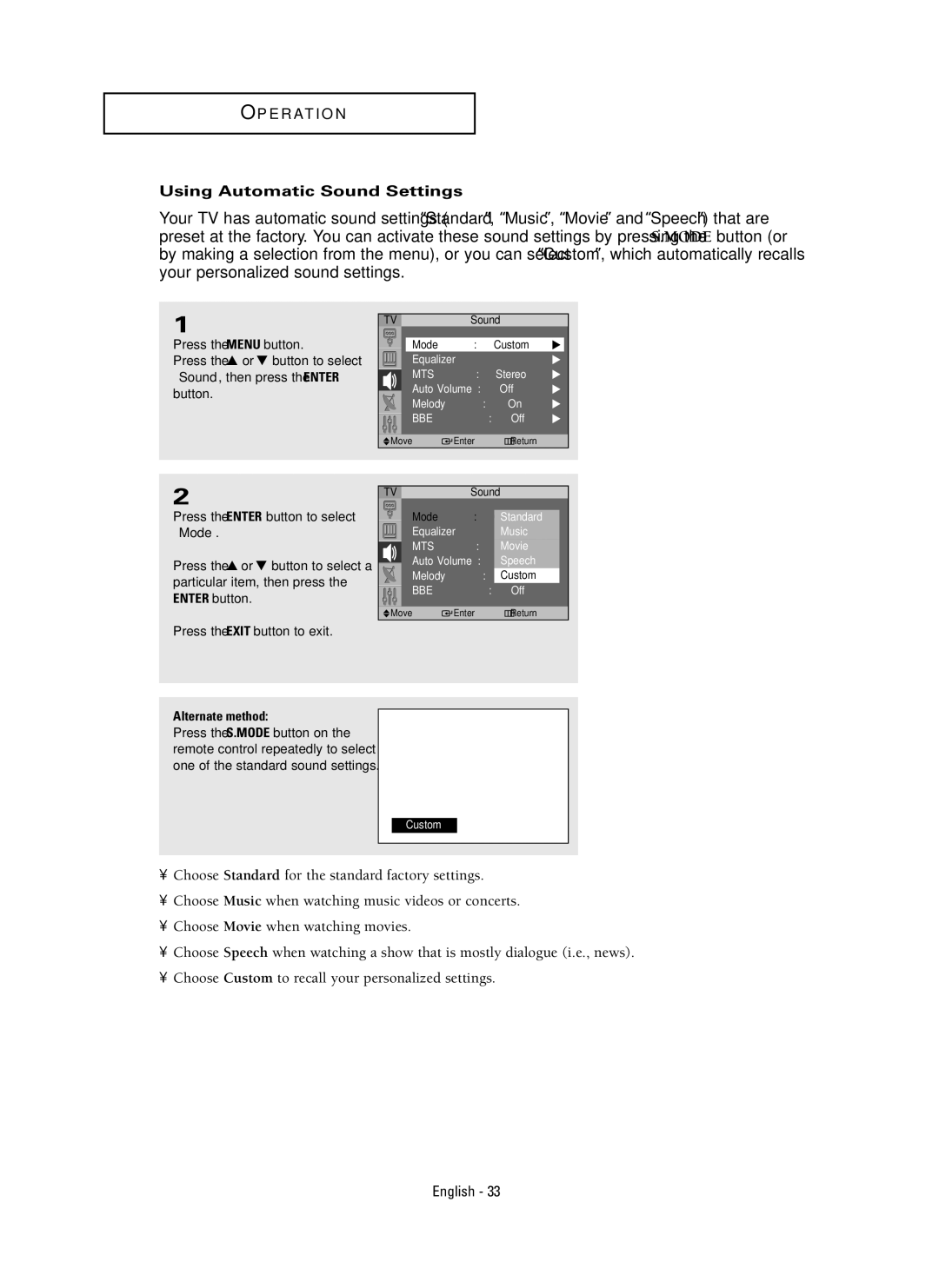 Samsung SP42Q2HL manual Using Automatic Sound Settings 