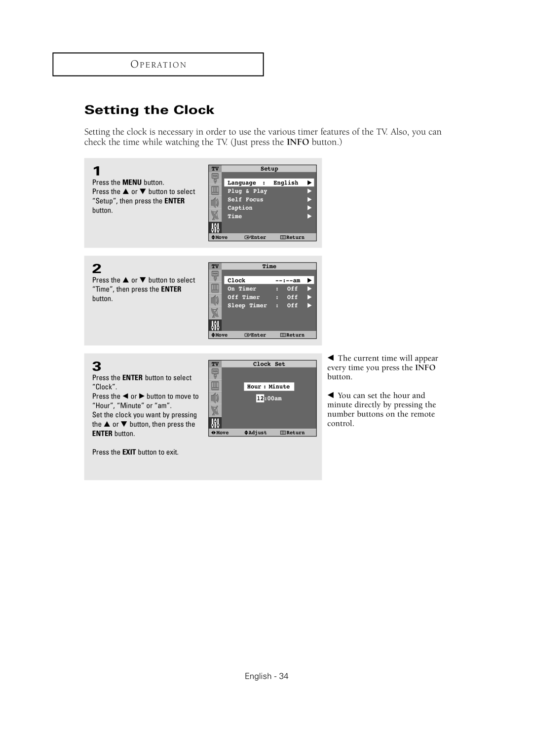 Samsung SP42Q2HL manual Setting the Clock 