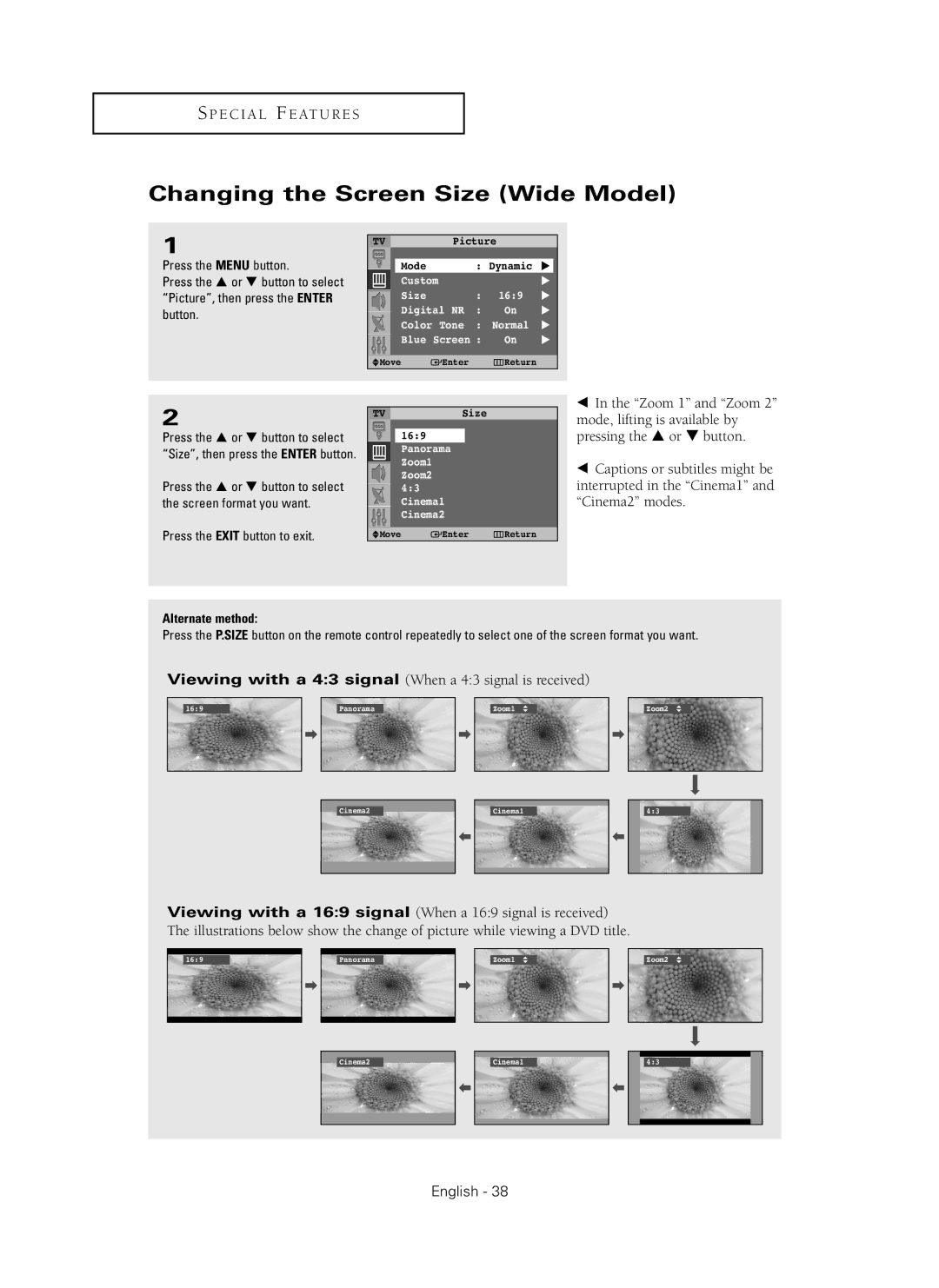 Samsung SP42Q2HL manual Changing the Screen Size Wide Model, Press the … or † button to select 