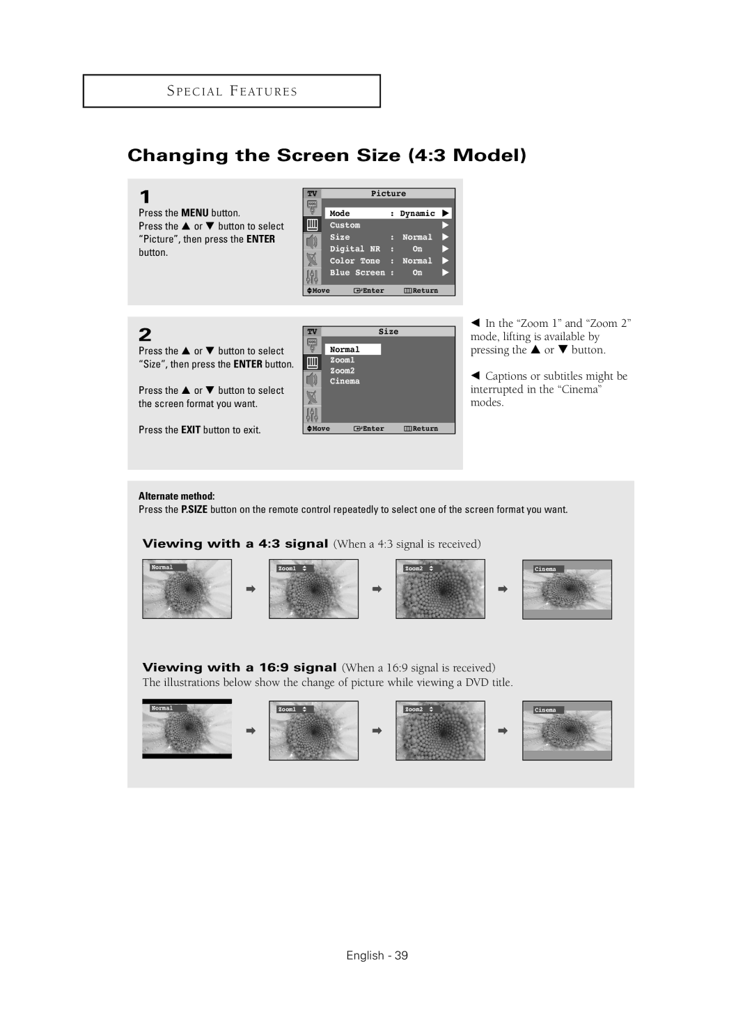 Samsung SP42Q2HL manual Changing the Screen Size 43 Model, Press the … or † button to select 