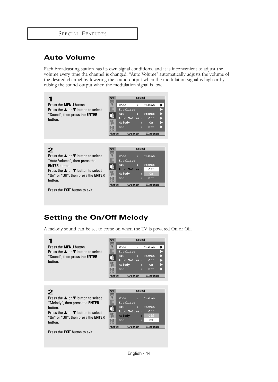 Samsung SP42Q2HL manual Auto Volume, Setting the On/Off Melody 