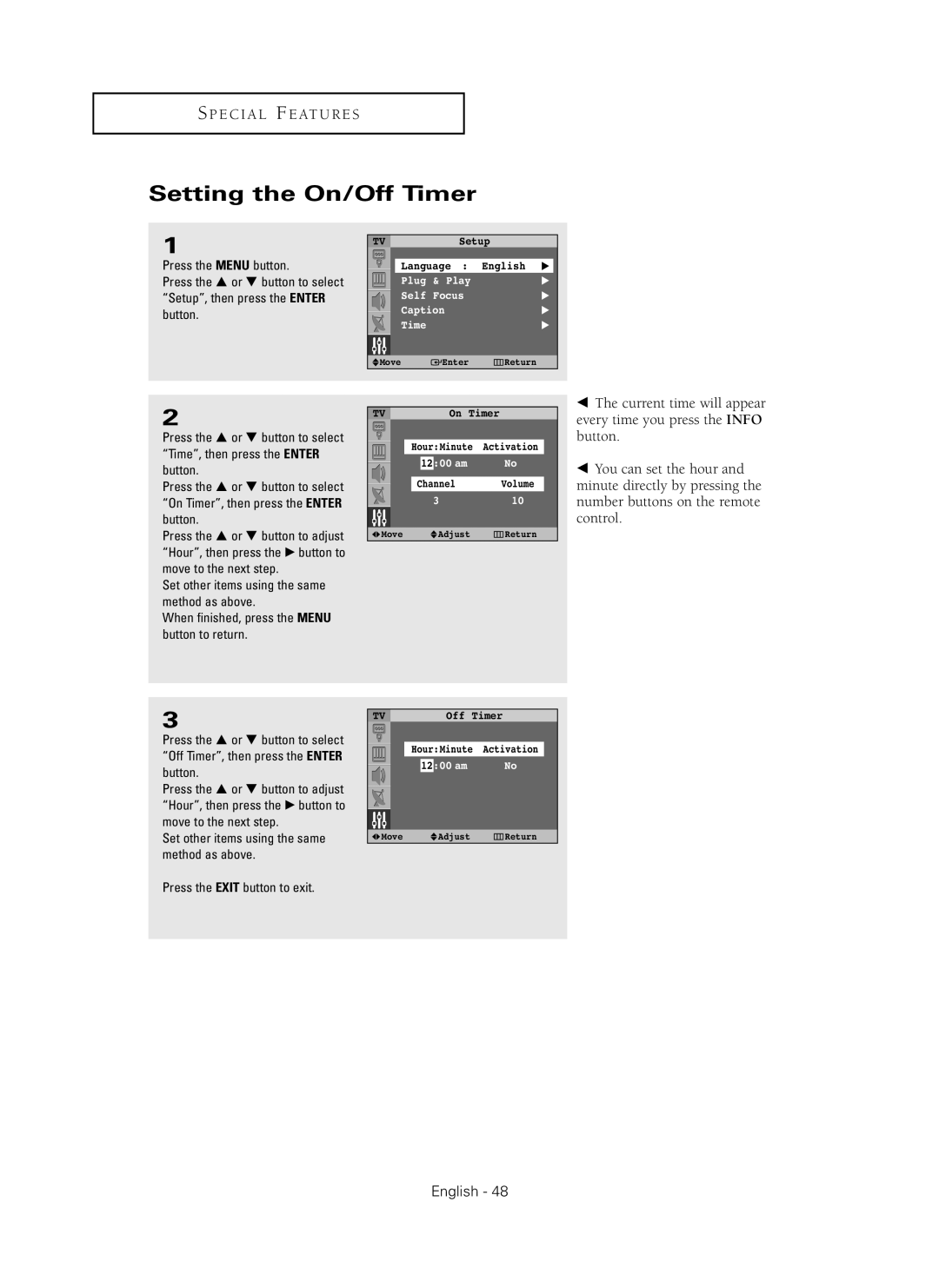 Samsung SP42Q2HL manual Setting the On/Off Timer 