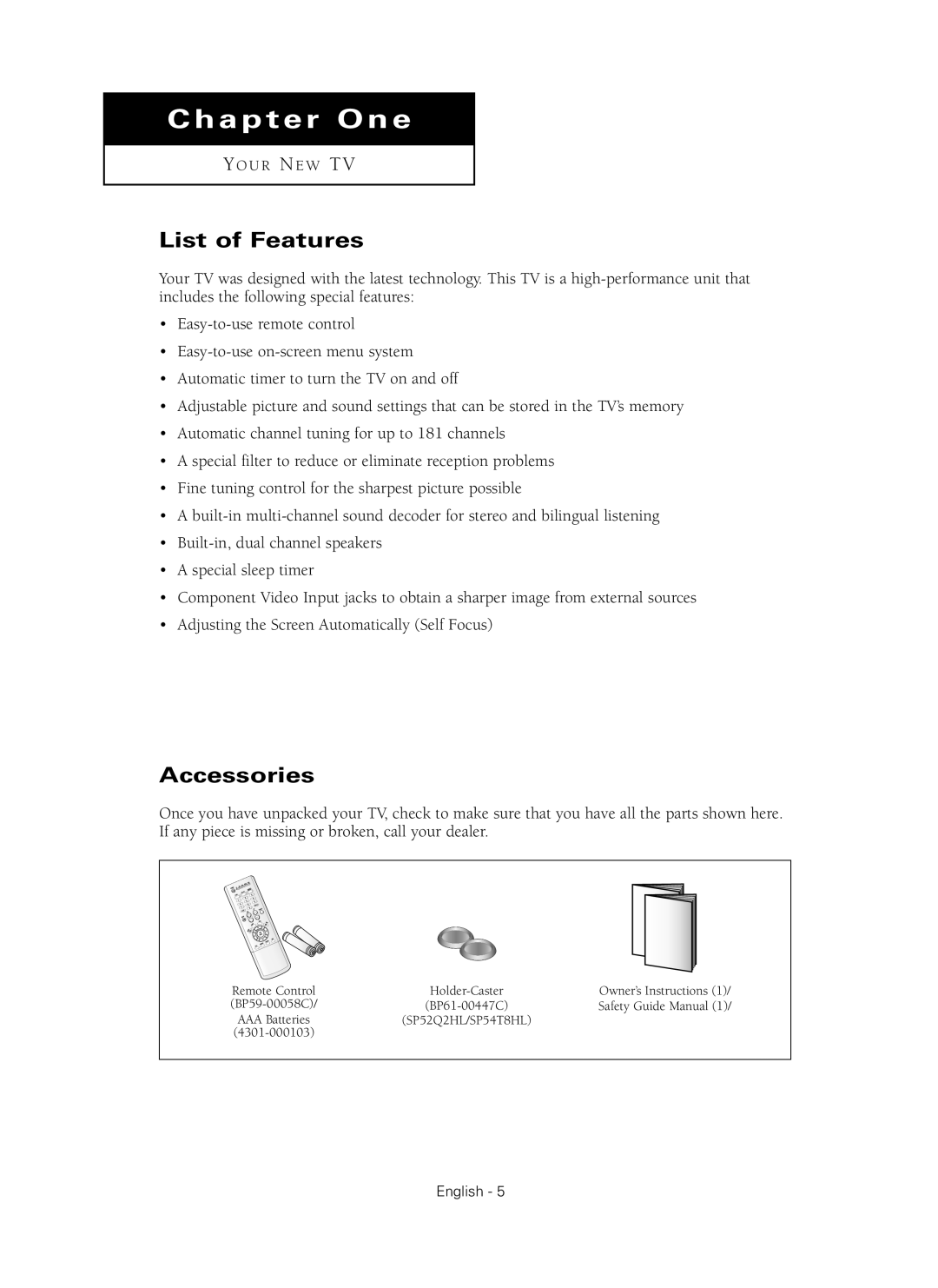 Samsung SP42Q2HL manual List of Features, Accessories 