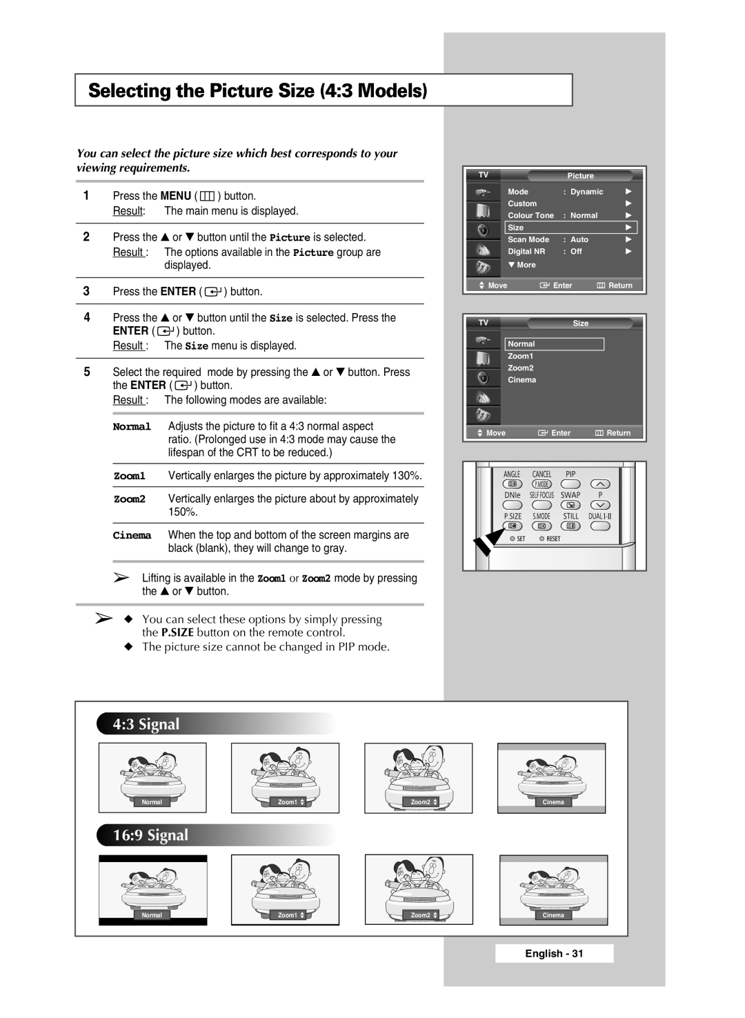 Samsung SP43H3HT manual Selecting the Picture Size 43 Models, Enter 