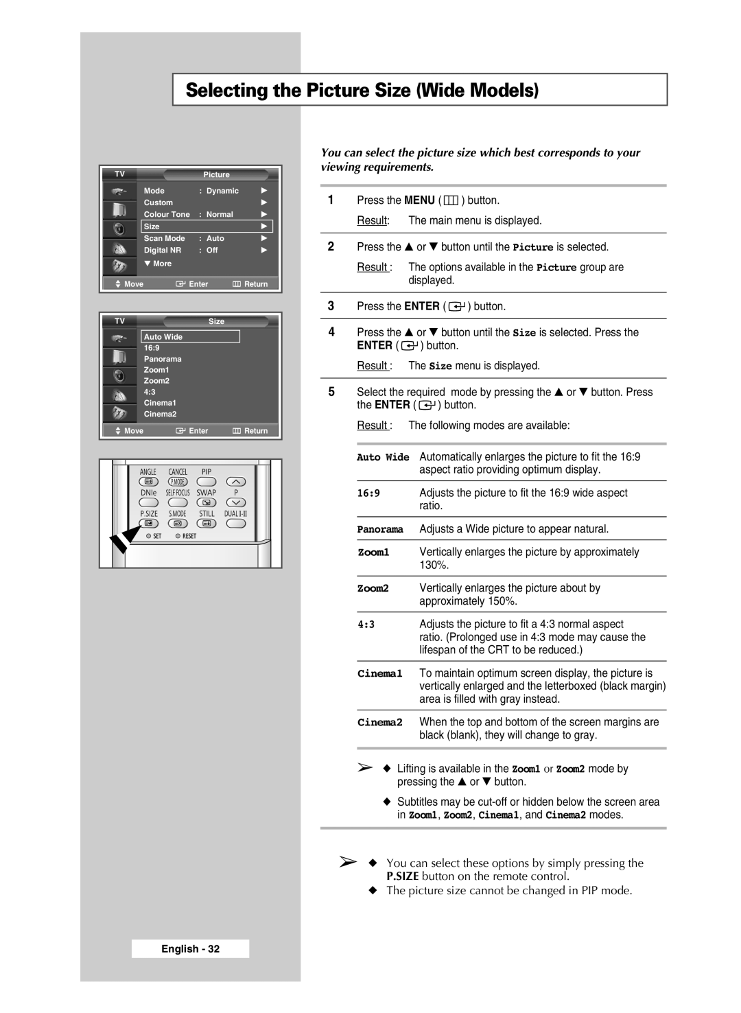 Samsung SP43H3HT manual Selecting the Picture Size Wide Models, Viewing requirements 