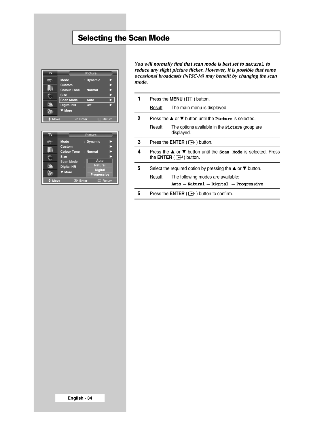 Samsung SP43H3HT manual Selecting the Scan Mode 