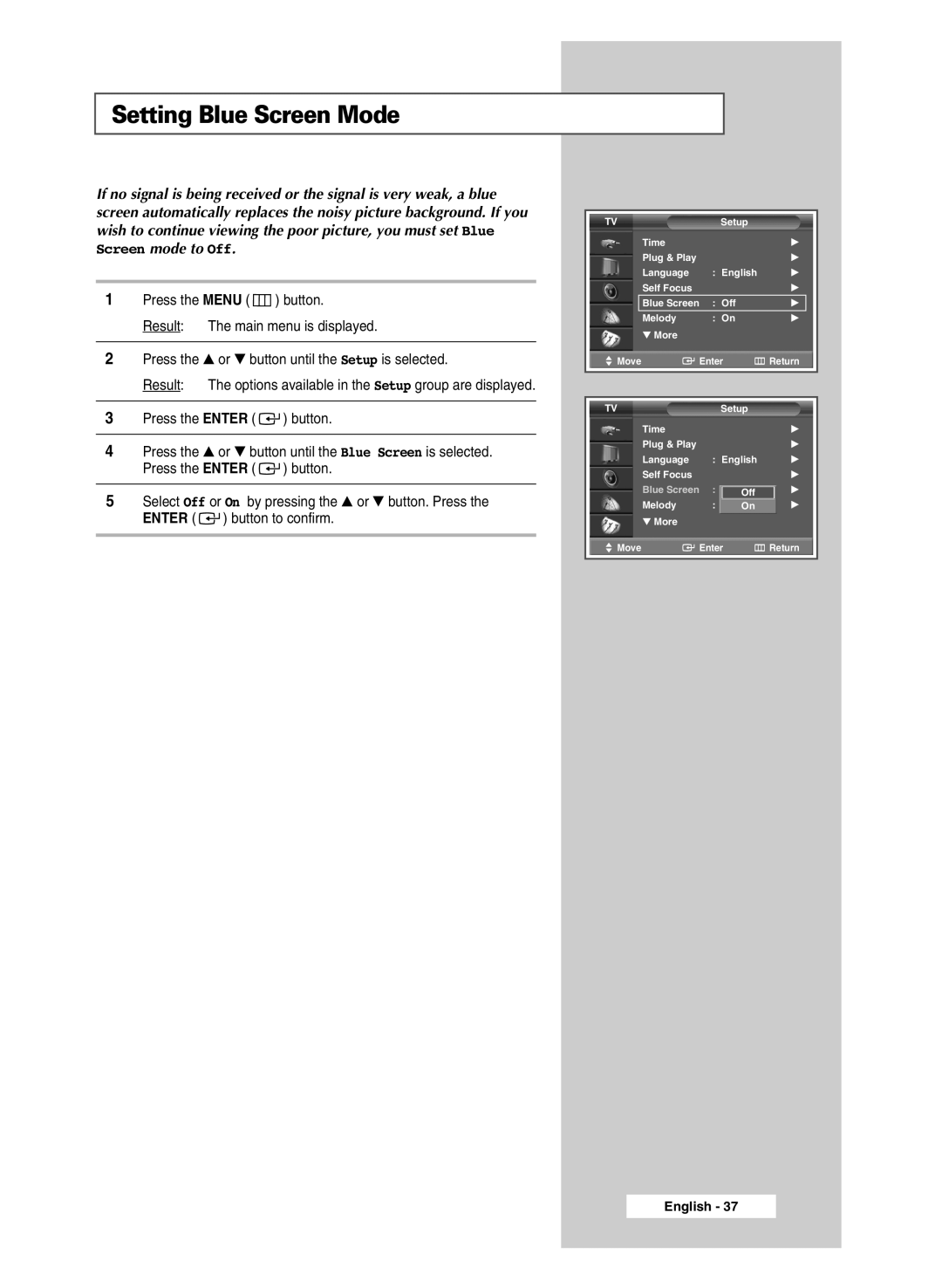 Samsung SP43H3HT manual Setting Blue Screen Mode 