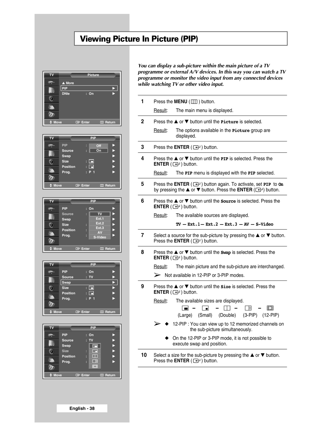 Samsung SP43H3HT manual Viewing Picture In Picture PIP, TV Ext.1- Ext.2 Ext.3 AV S-Video 