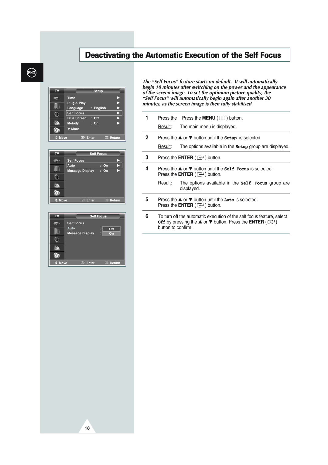 Samsung SP43Q1, SQ47Q1, SP43T8, SP54T8, SP43W6 manual Deactivating the Automatic Execution of the Self Focus 