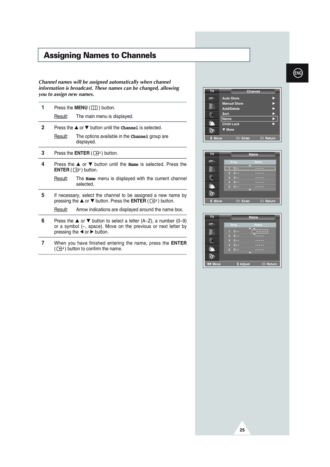 Samsung SP43Q1, SQ47Q1, SP43T8, SP54T8, SP43W6 manual Assigning Names to Channels 