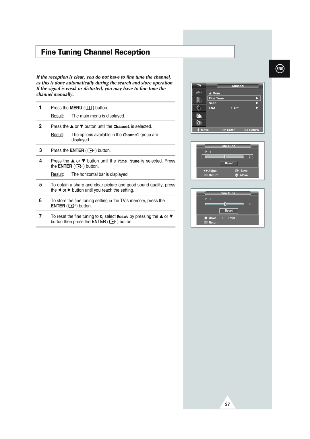 Samsung SP43Q1, SQ47Q1, SP43T8, SP54T8, SP43W6 manual Fine Tuning Channel Reception 