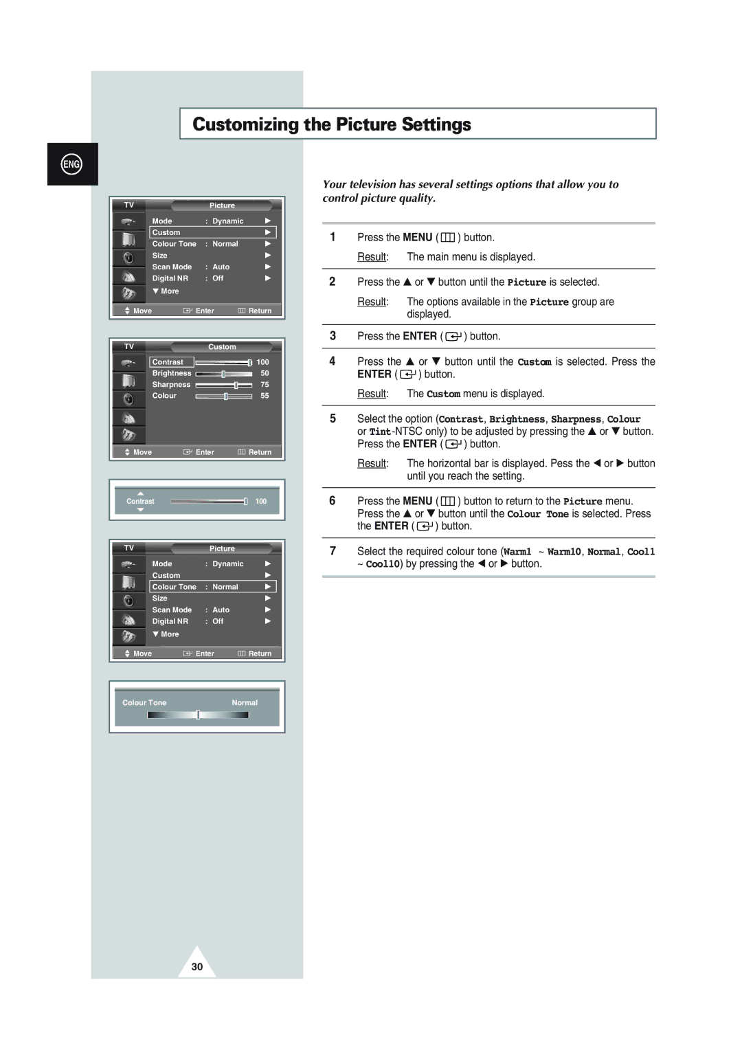 Samsung SP43Q1, SQ47Q1, SP43T8, SP54T8, SP43W6 manual Customizing the Picture Settings 