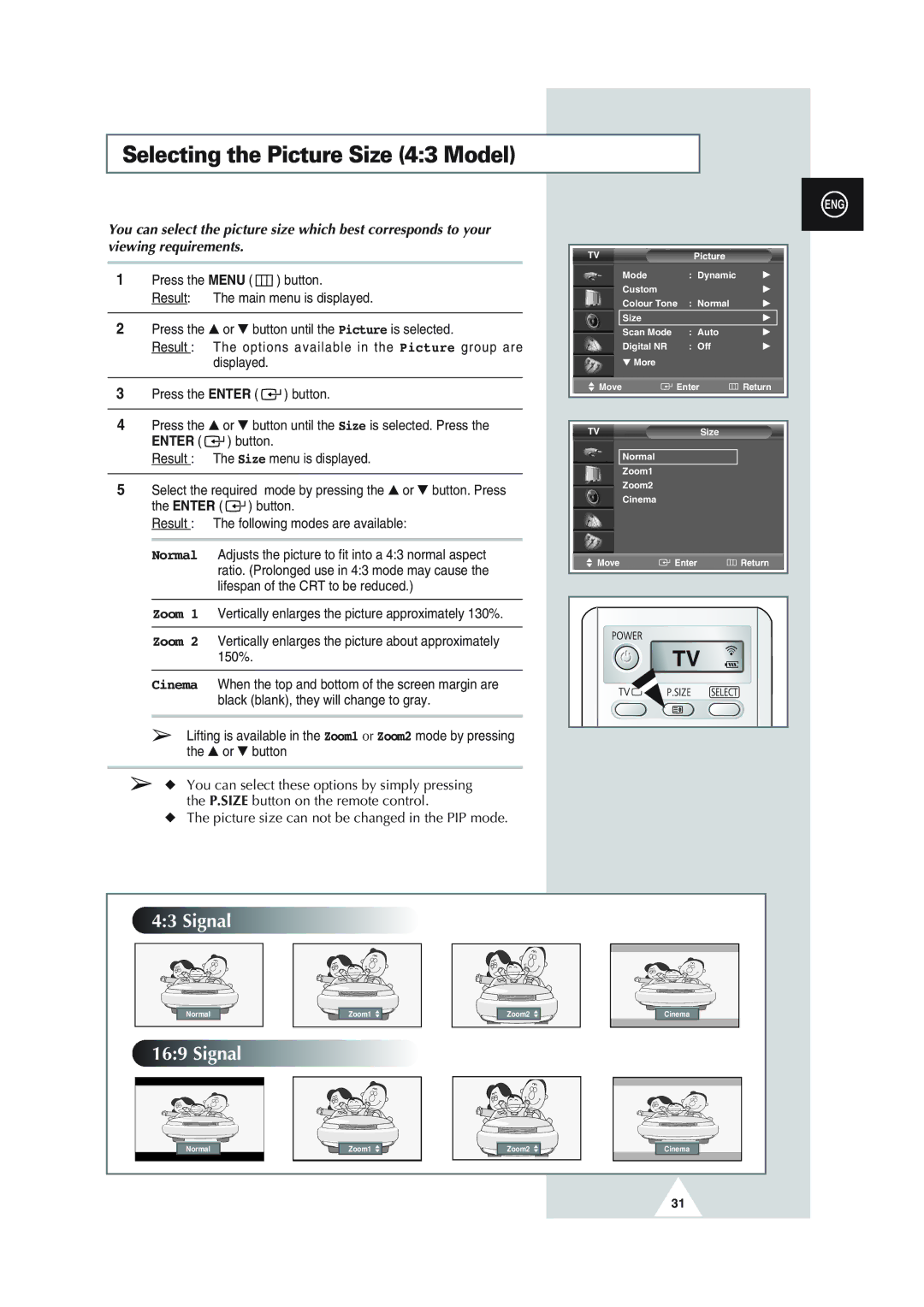 Samsung SP43Q1, SQ47Q1, SP43T8, SP54T8, SP43W6 manual Selecting the Picture Size 43 Model 