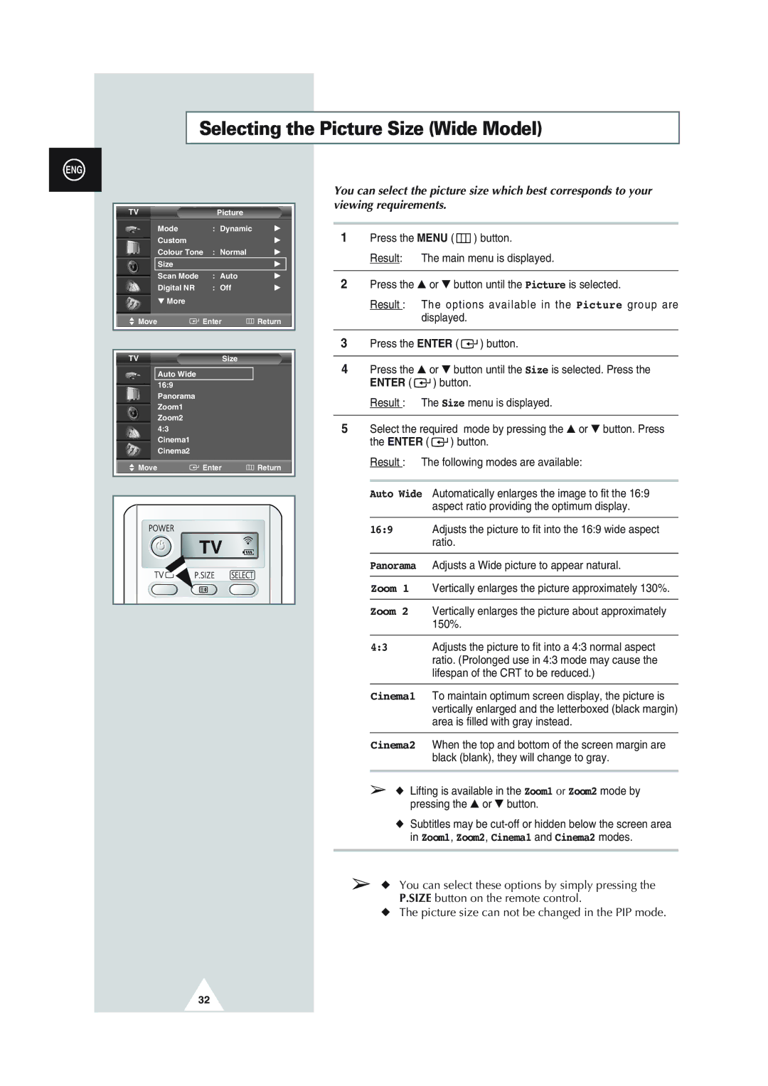 Samsung SP43Q1, SQ47Q1, SP43T8, SP54T8, SP43W6 manual Selecting the Picture Size Wide Model, Cinema1 