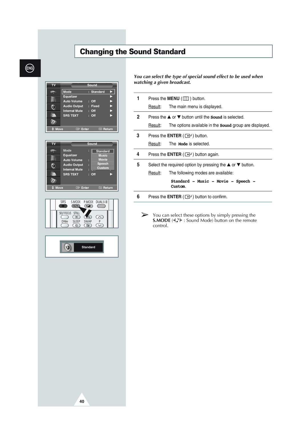 Samsung SP43Q1, SQ47Q1, SP43T8, SP54T8, SP43W6 manual Changing the Sound Standard 