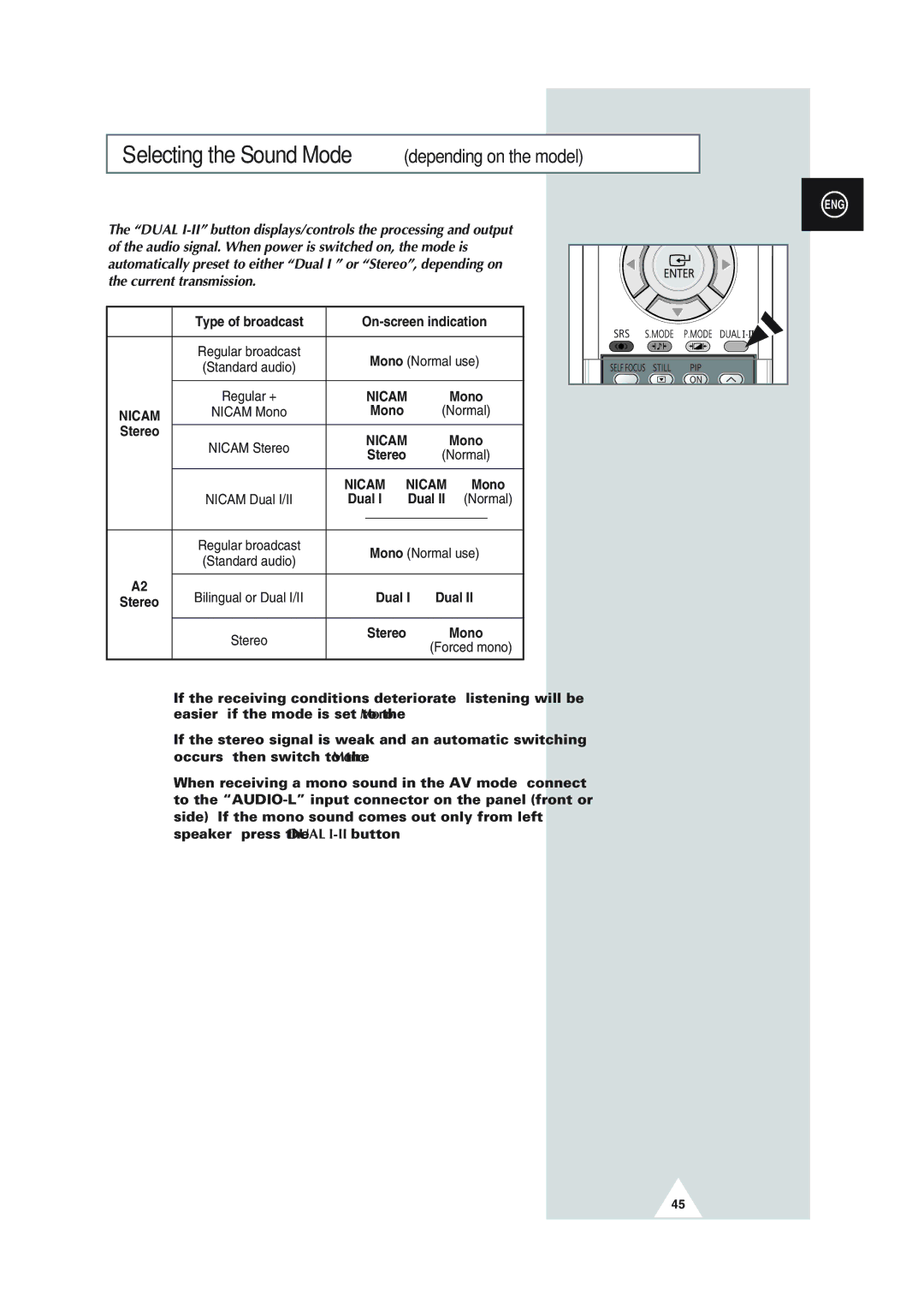 Samsung SP43Q1, SQ47Q1, SP43T8, SP54T8, SP43W6 manual Selecting the Sound Mode depending on the model 